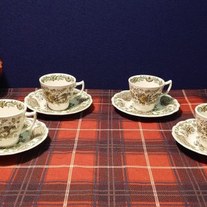 8 Piece Floral Cup and Saucer Tea Set - Peacock and Butterfly Motif - Unknown Backstamp 477 - Excellent condition