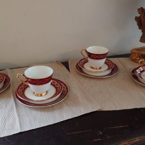 Set of Four Windsor Bone China Cups, Saucers and Side Plates, Red and Gold Banding - Christmas Theme - Very Good condition