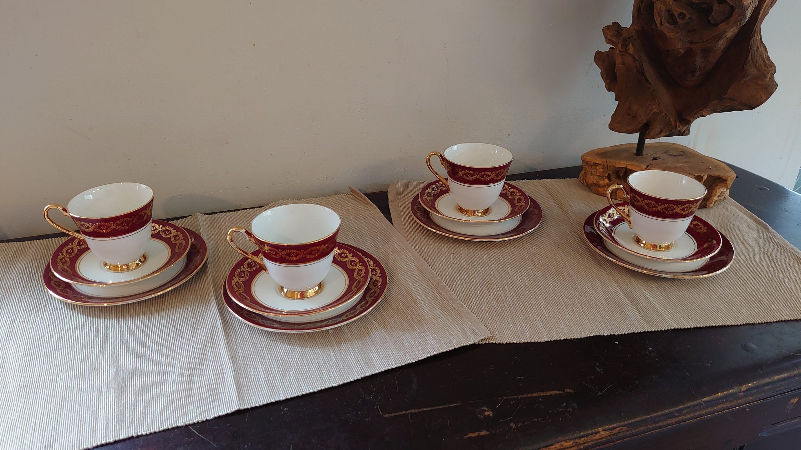 Set of Four Windsor Bone China Cups, Saucers and Side Plates, Red and Gold Banding - Christmas Theme - Very Good condition