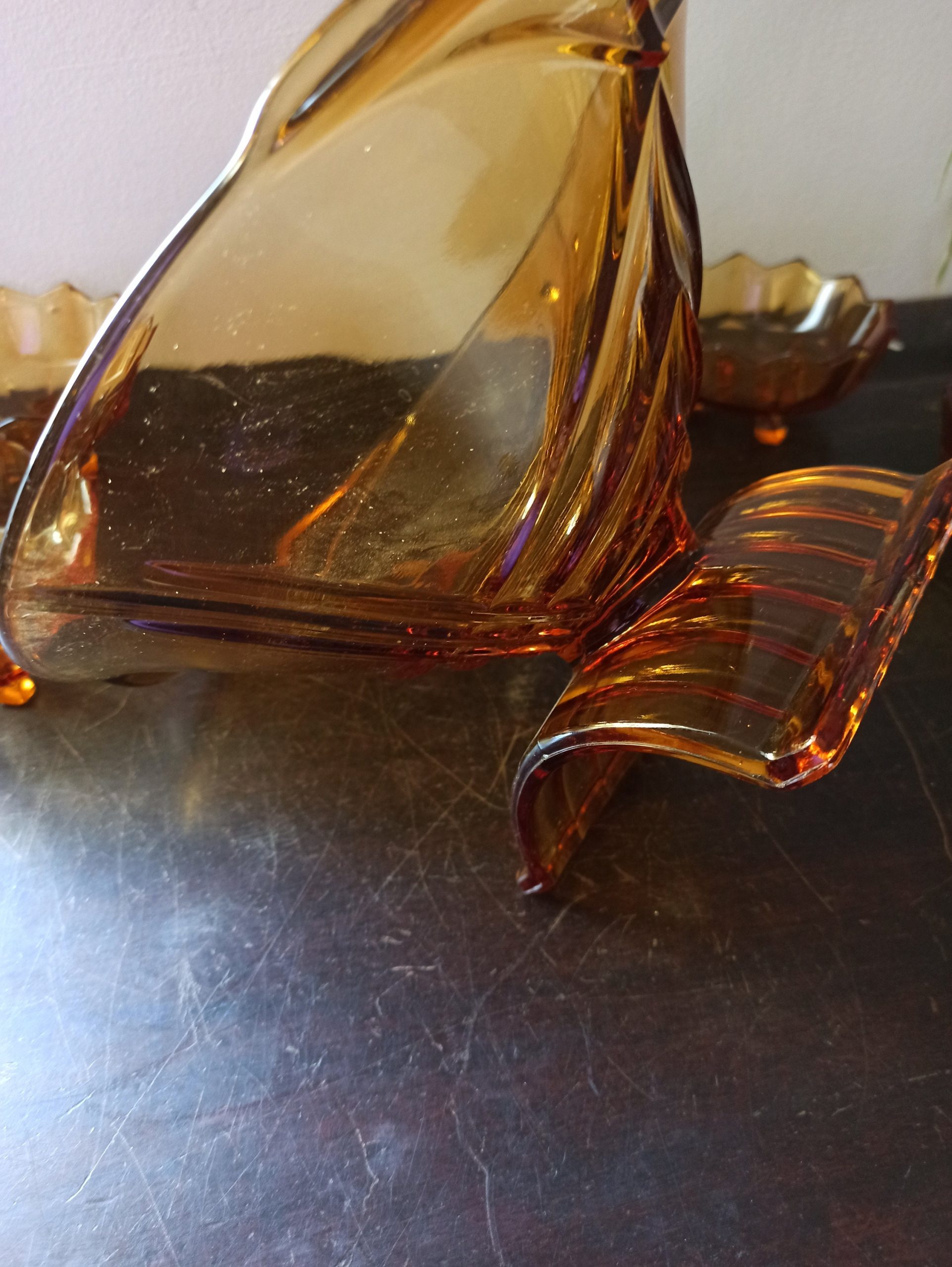 Vintage Amber Glass Serving Dessert Bowl And 6 Matching Glass Bowls. Excellent Condtion. - Image 8