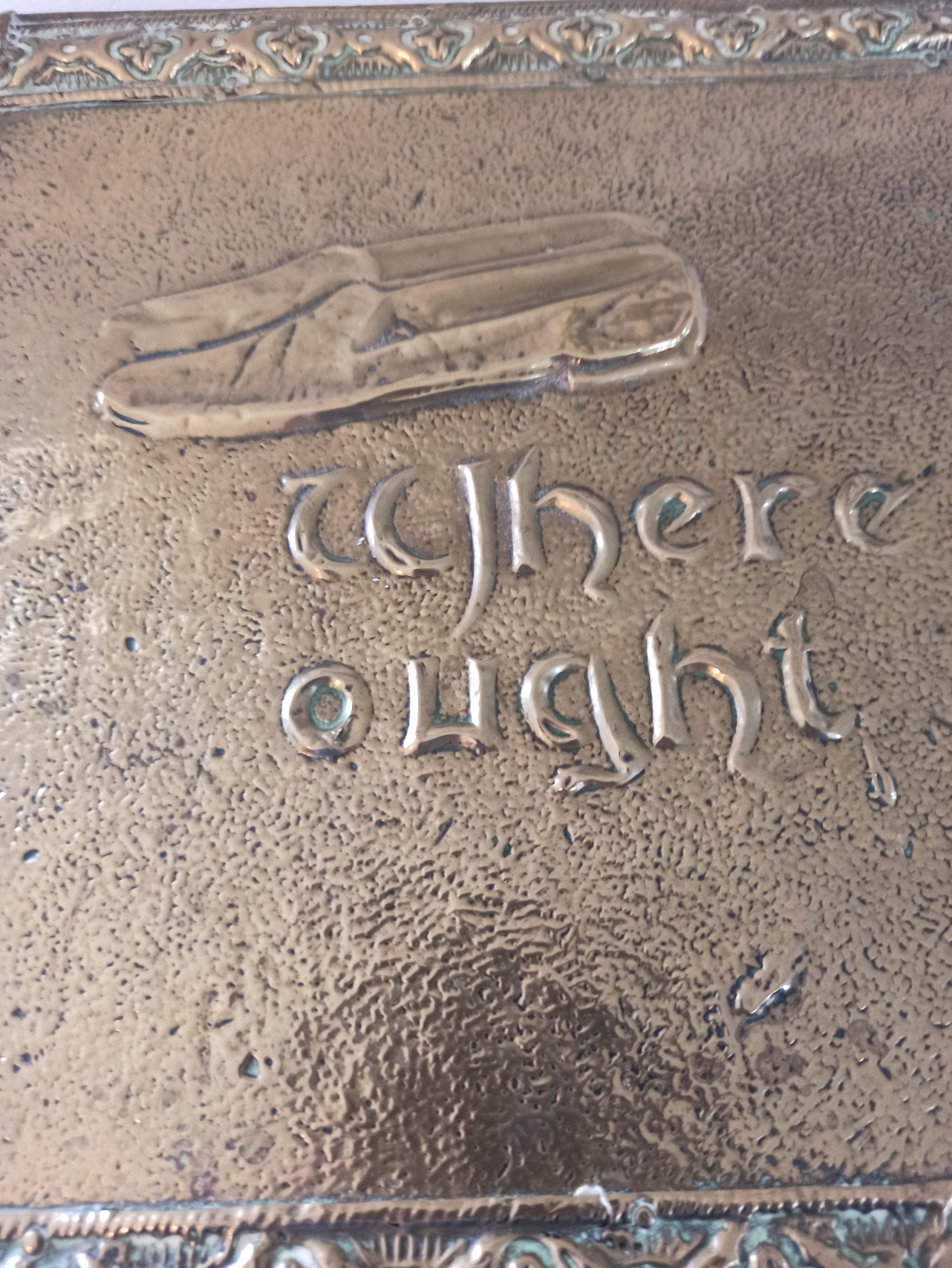 Brass Vintage Fireside Slipper Box. Embossed With The Words, "Where They Ought To Be". Embossed Slipper Decoration. - Image 3