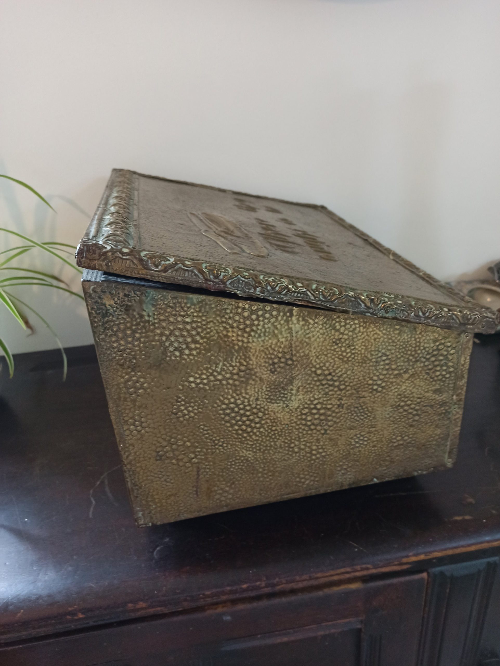 Brass Vintage Fireside Slipper Box. Embossed With The Words, "Where They Ought To Be". Embossed Slipper Decoration. - Image 9