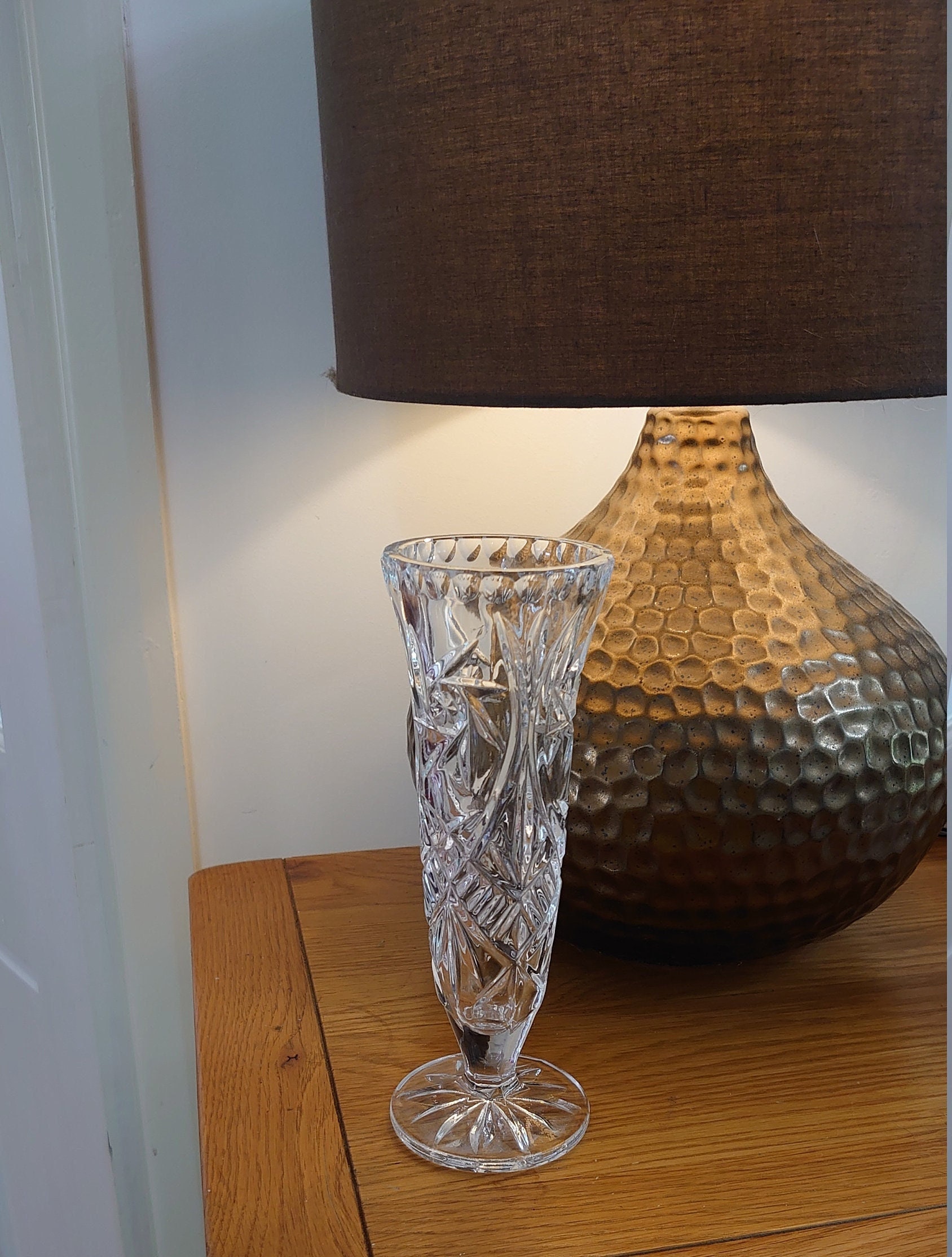 Retro Vintage Cut Glass Posy Vase with Spiral Effect or Catherine Wheel Effect Pattern - Very Good Condition - 20.5cm tall