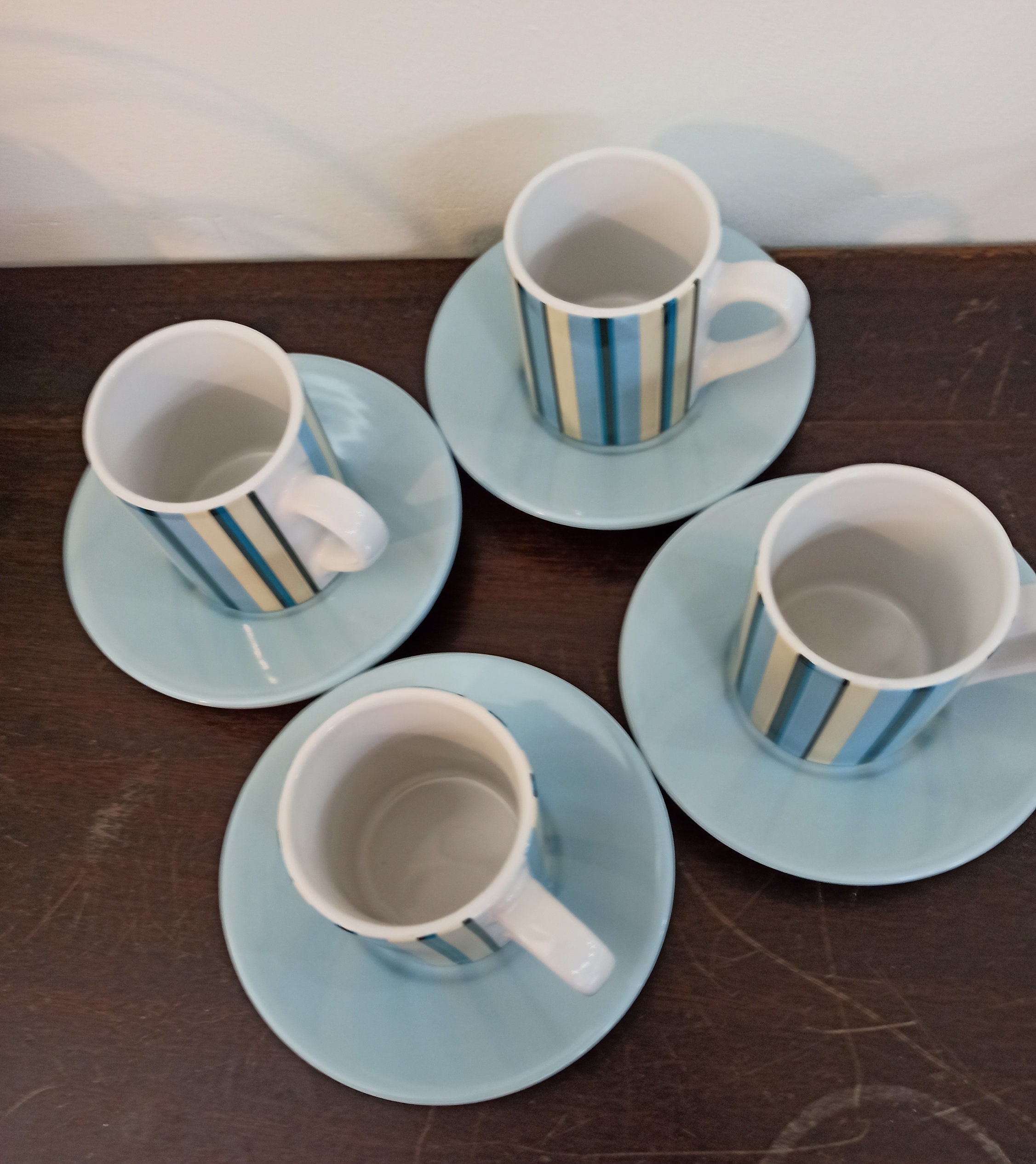 Vintage Set of 4 Blue and White Striped Cups With Saucers. - Image 3