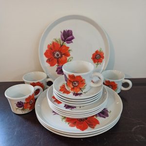 Vintage Royal Tudor Orange and Purple Floral Dinnerware Set.