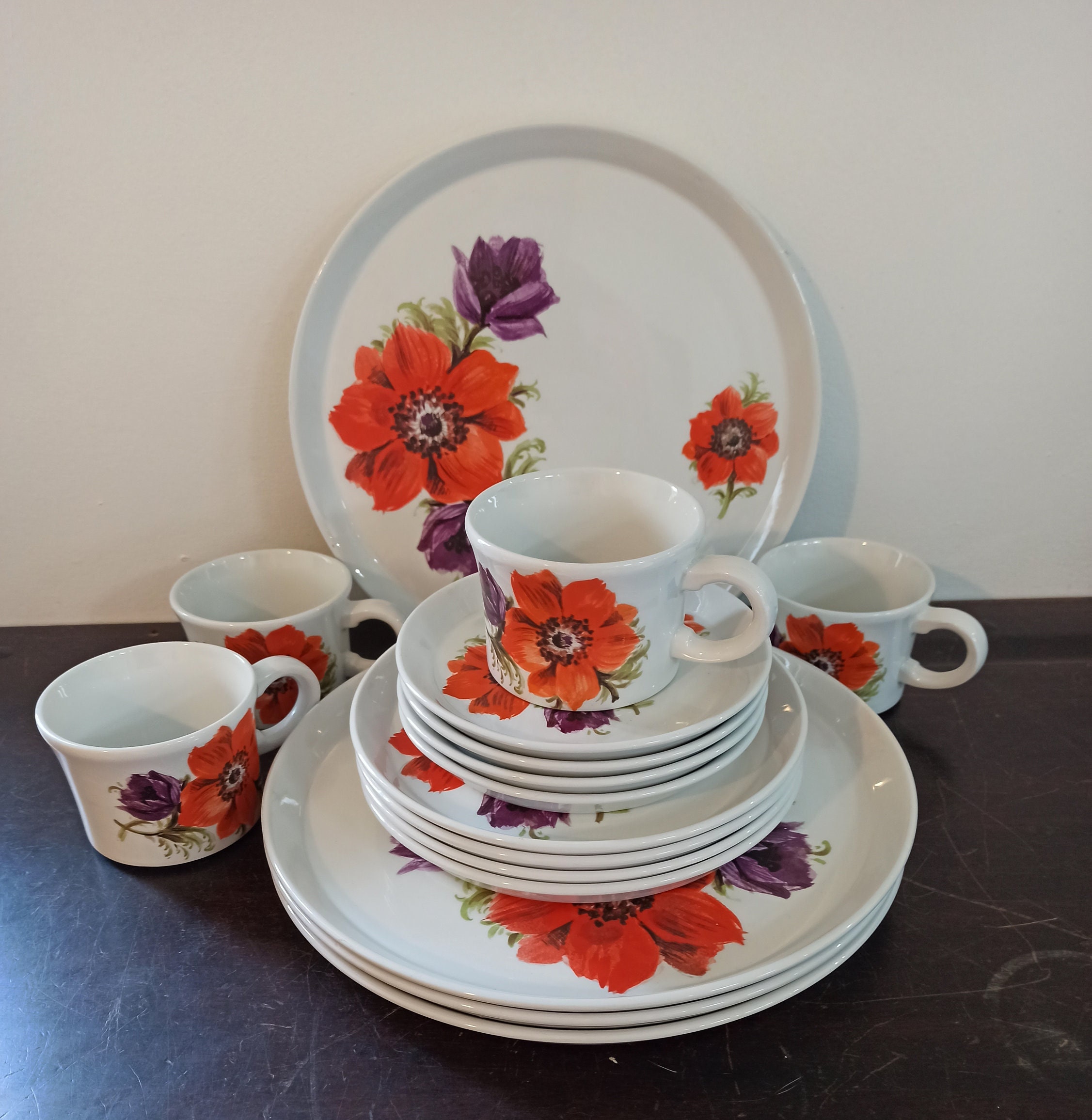 Vintage Royal Tudor Orange and Purple Floral Dinnerware Set.