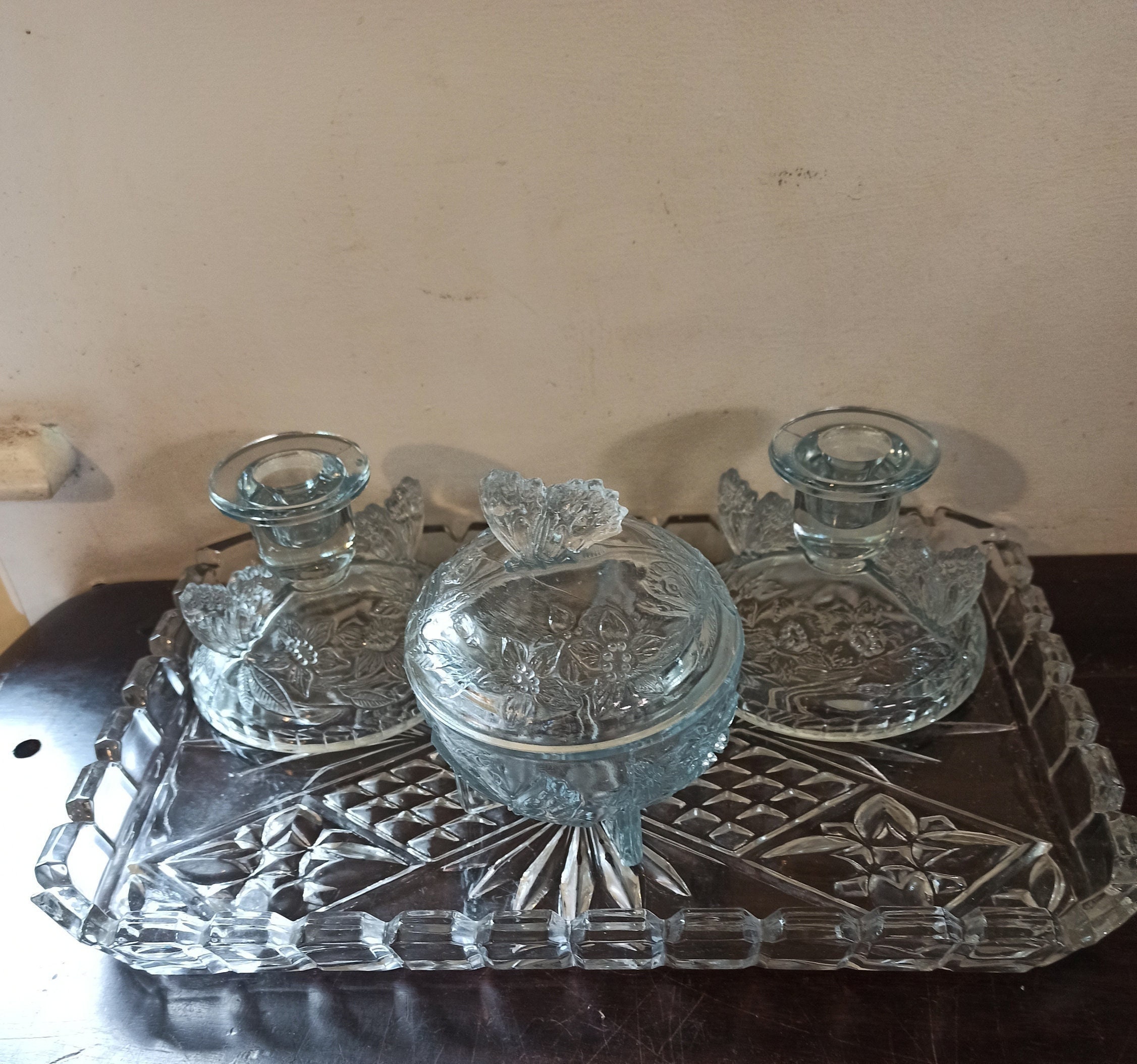 Vintage Glass 4 Piece Vanity Set. Art Nouveau Style.