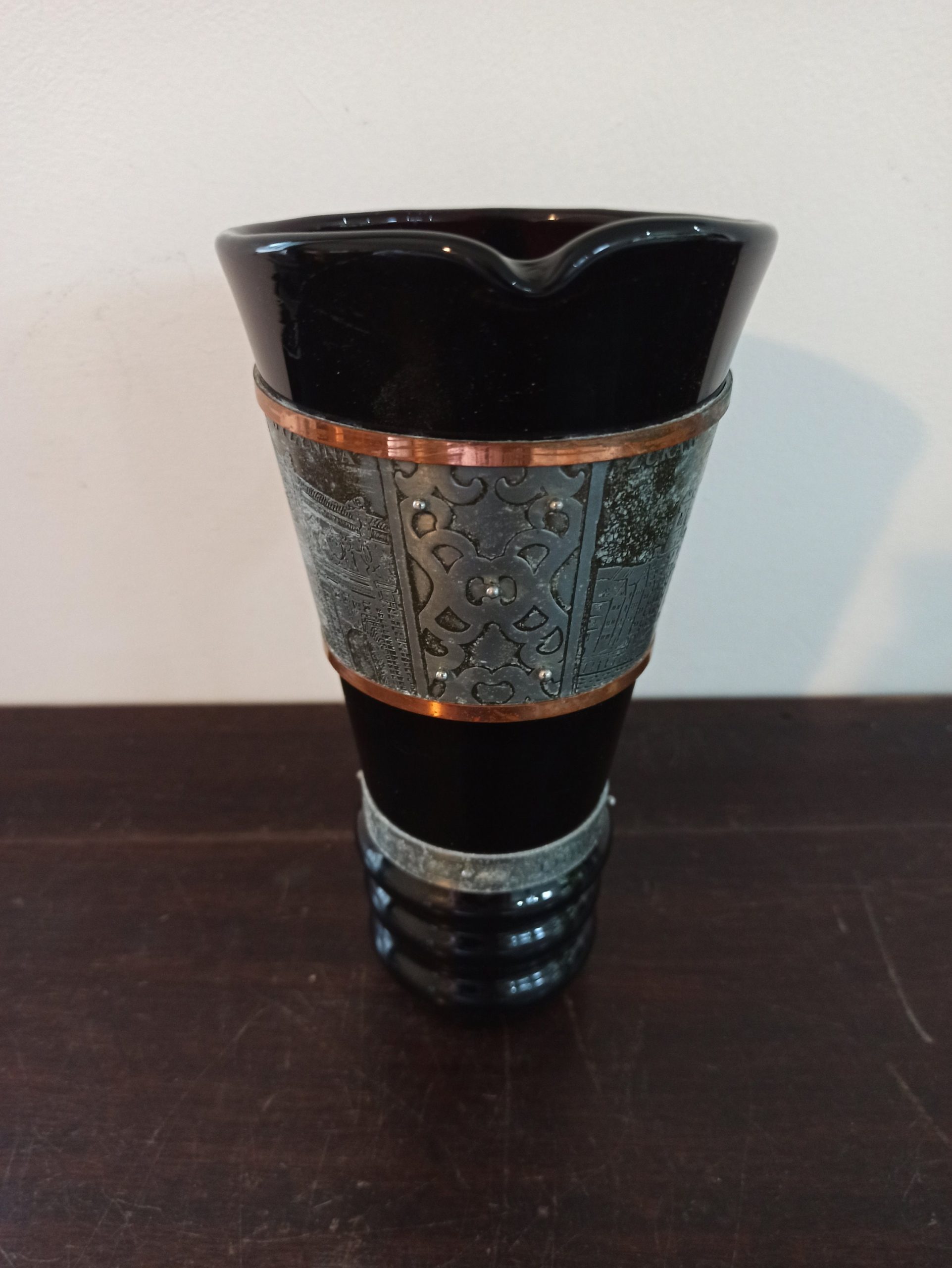 Vintage Decorative Glass Pitcher. Black. Decorative Copper And Metal Banding. Polished Pontil Mark. Gdansk, Polish. - Image 2