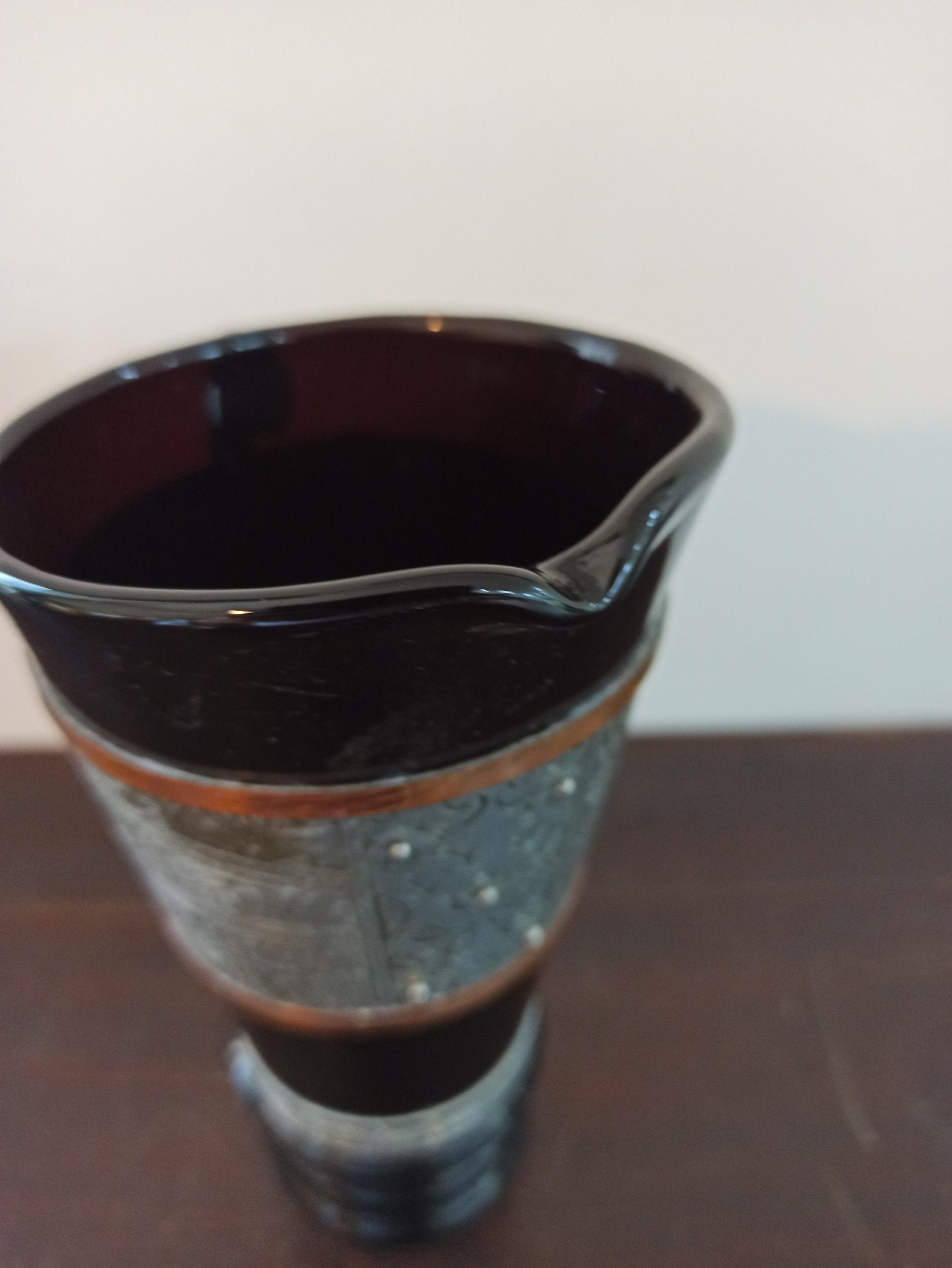 Vintage Decorative Glass Pitcher. Black. Decorative Copper And Metal Banding. Polished Pontil Mark. Gdansk, Polish. - Image 4
