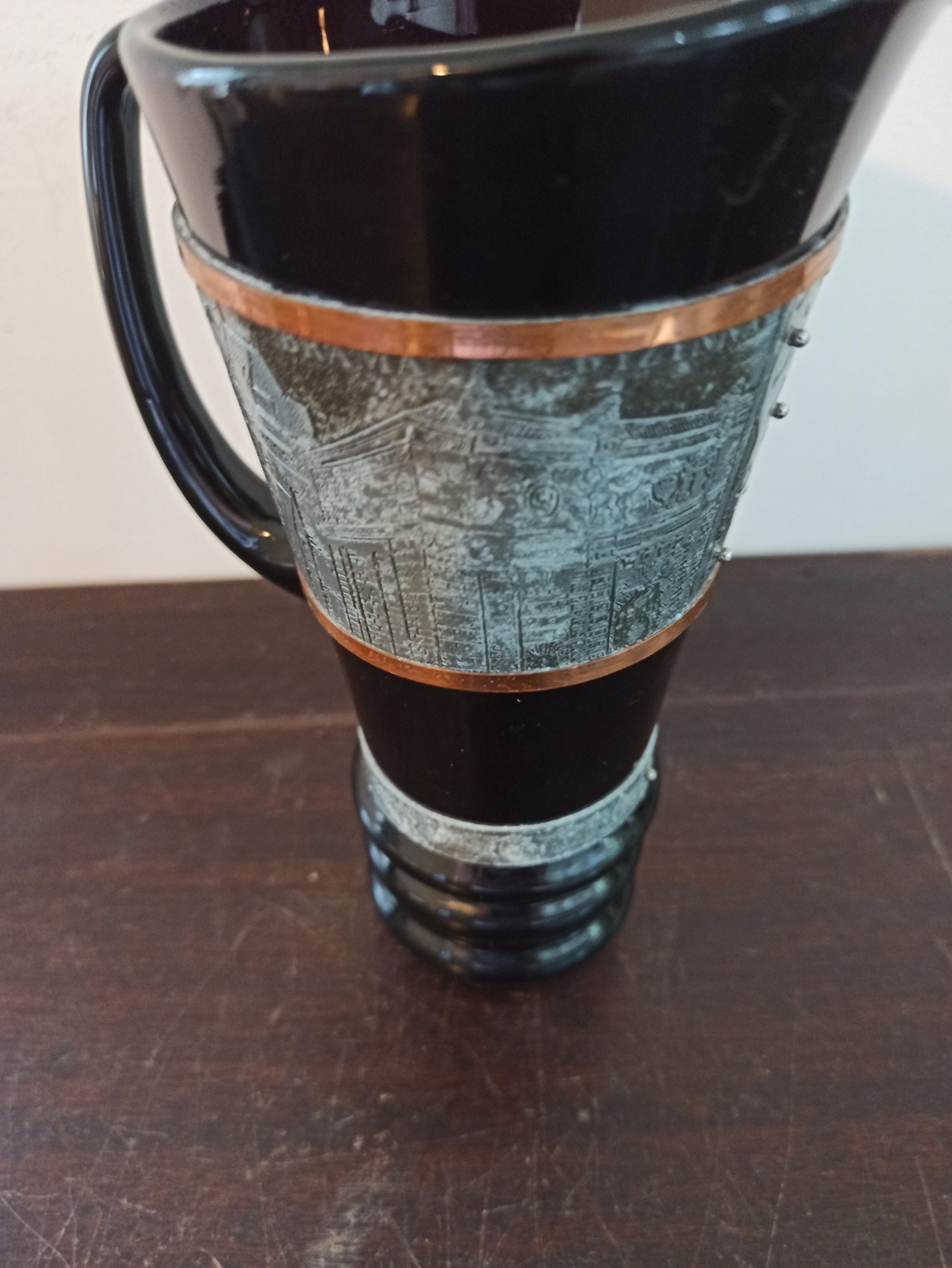 Vintage Decorative Glass Pitcher. Black. Decorative Copper And Metal Banding. Polished Pontil Mark. Gdansk, Polish. - Image 3