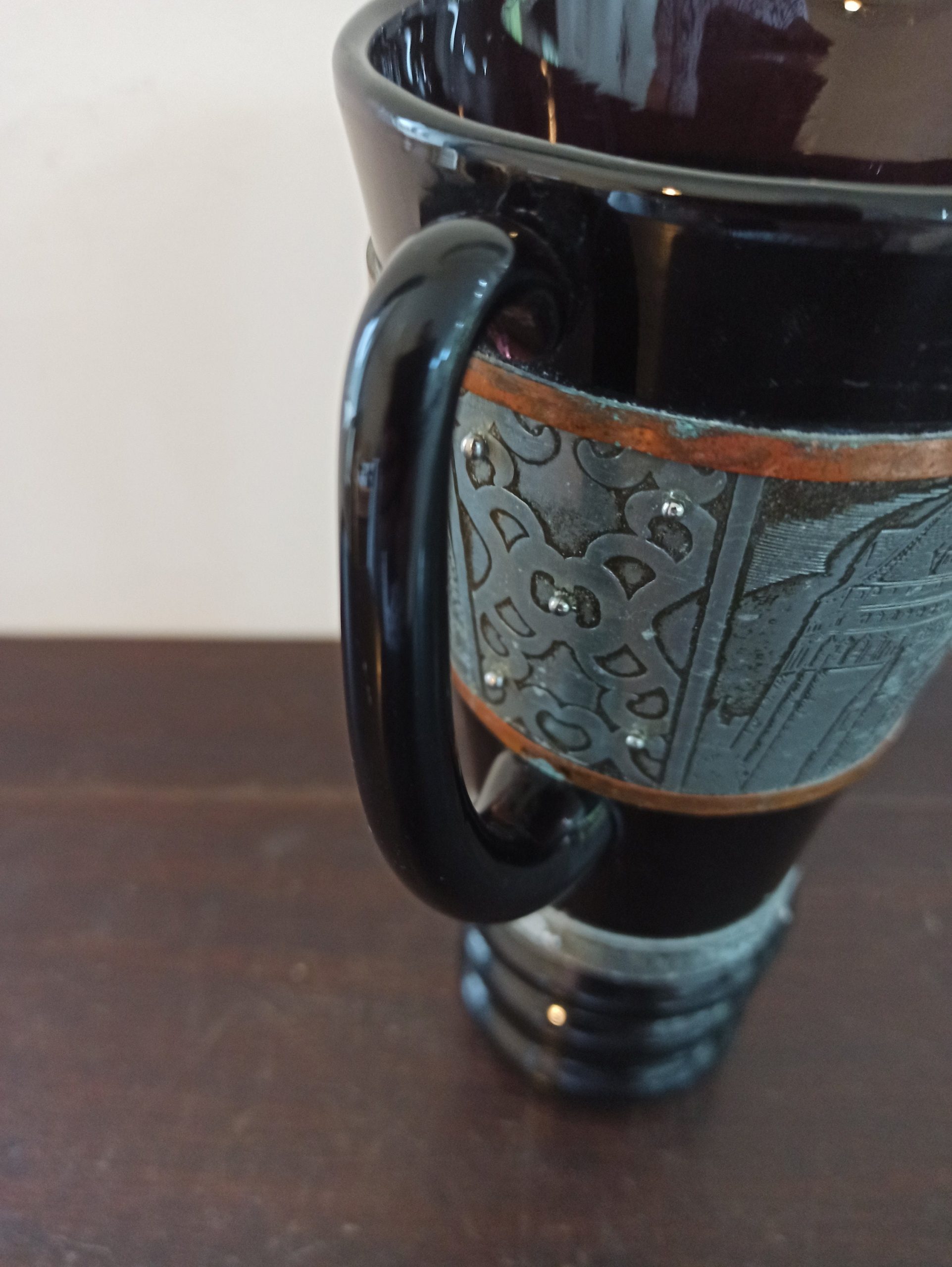 Vintage Decorative Glass Pitcher. Black. Decorative Copper And Metal Banding. Polished Pontil Mark. Gdansk, Polish. - Image 5