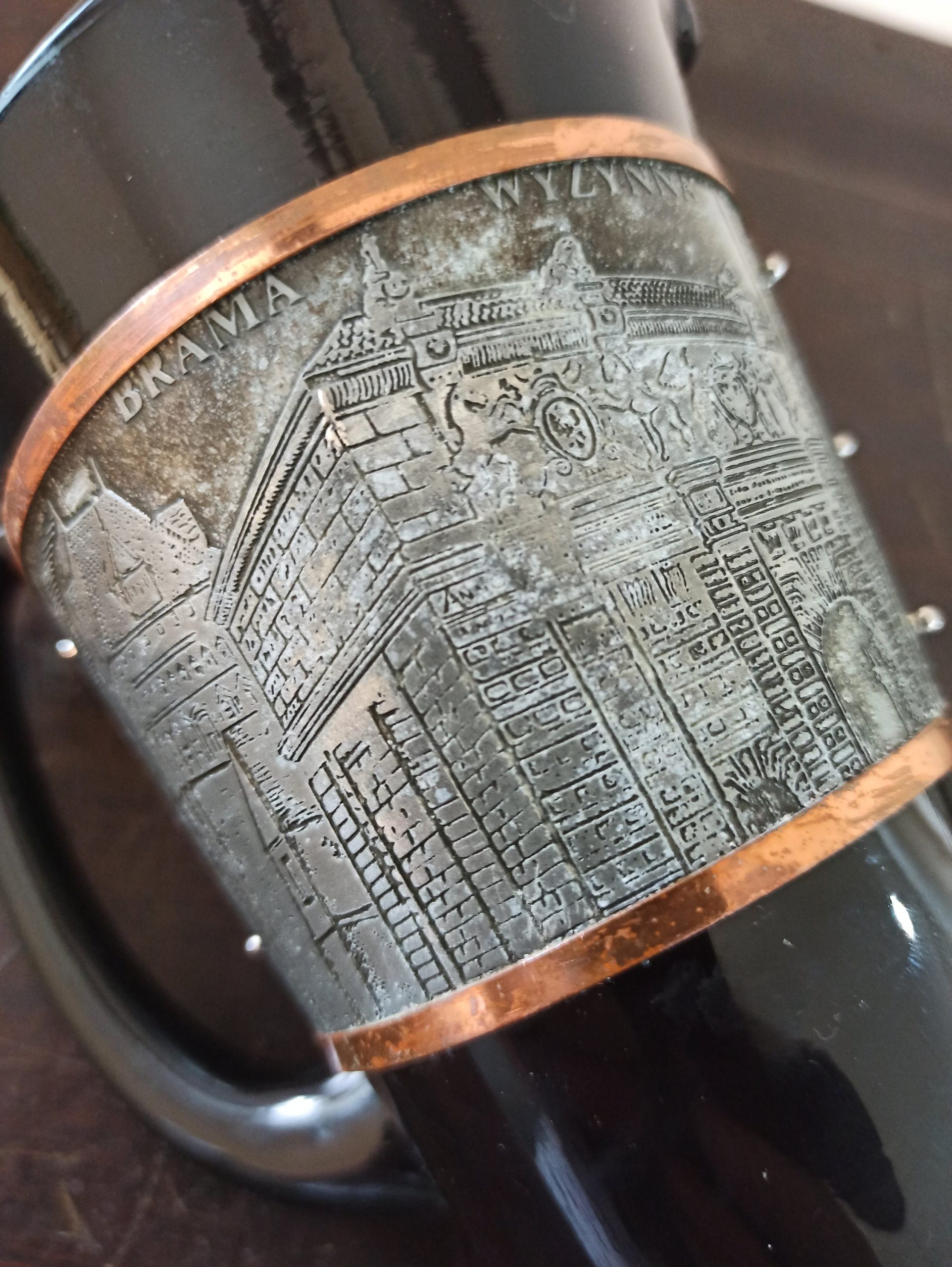 Vintage Decorative Glass Pitcher. Black. Decorative Copper And Metal Banding. Polished Pontil Mark. Gdansk, Polish. - Image 9