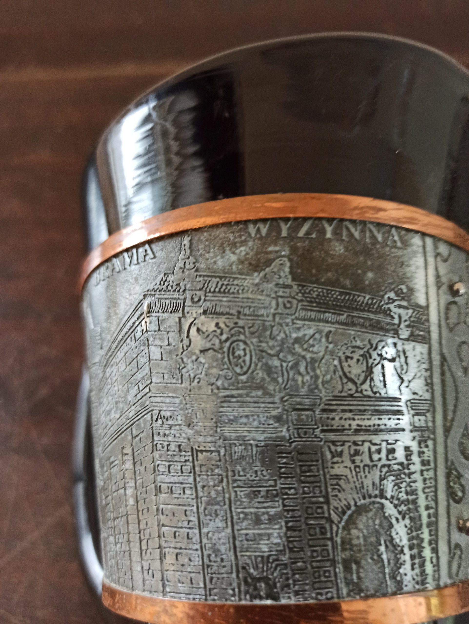 Vintage Decorative Glass Pitcher. Black. Decorative Copper And Metal Banding. Polished Pontil Mark. Gdansk, Polish. - Image 10