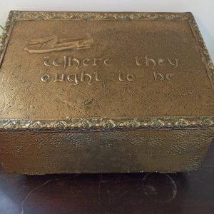 Brass Vintage Fireside Slipper Box.  Embossed With The Words, "Where They Ought To Be". Embossed Slipper Decoration.