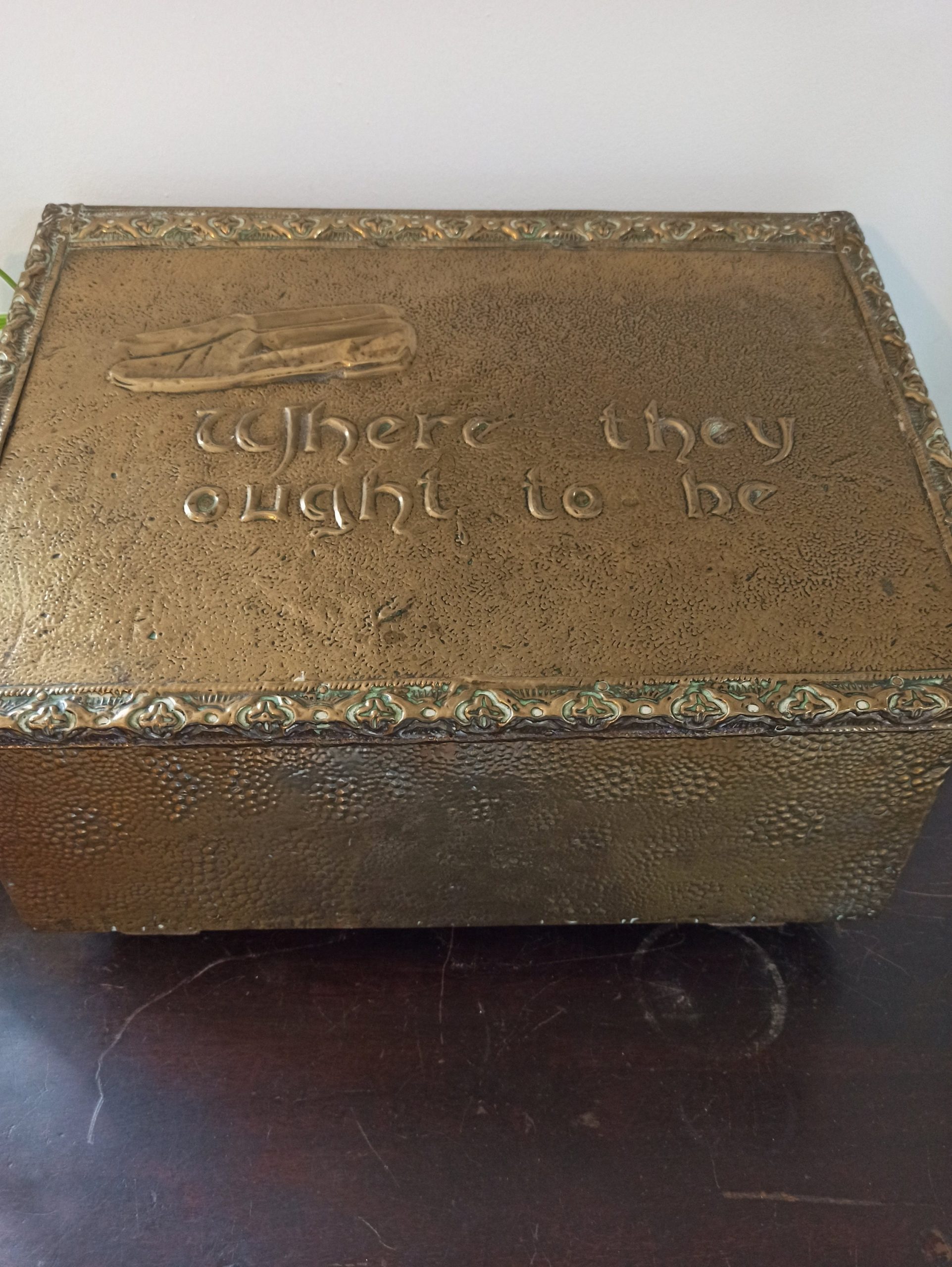 Brass Vintage Fireside Slipper Box. Embossed With The Words, "Where They Ought To Be". Embossed Slipper Decoration.