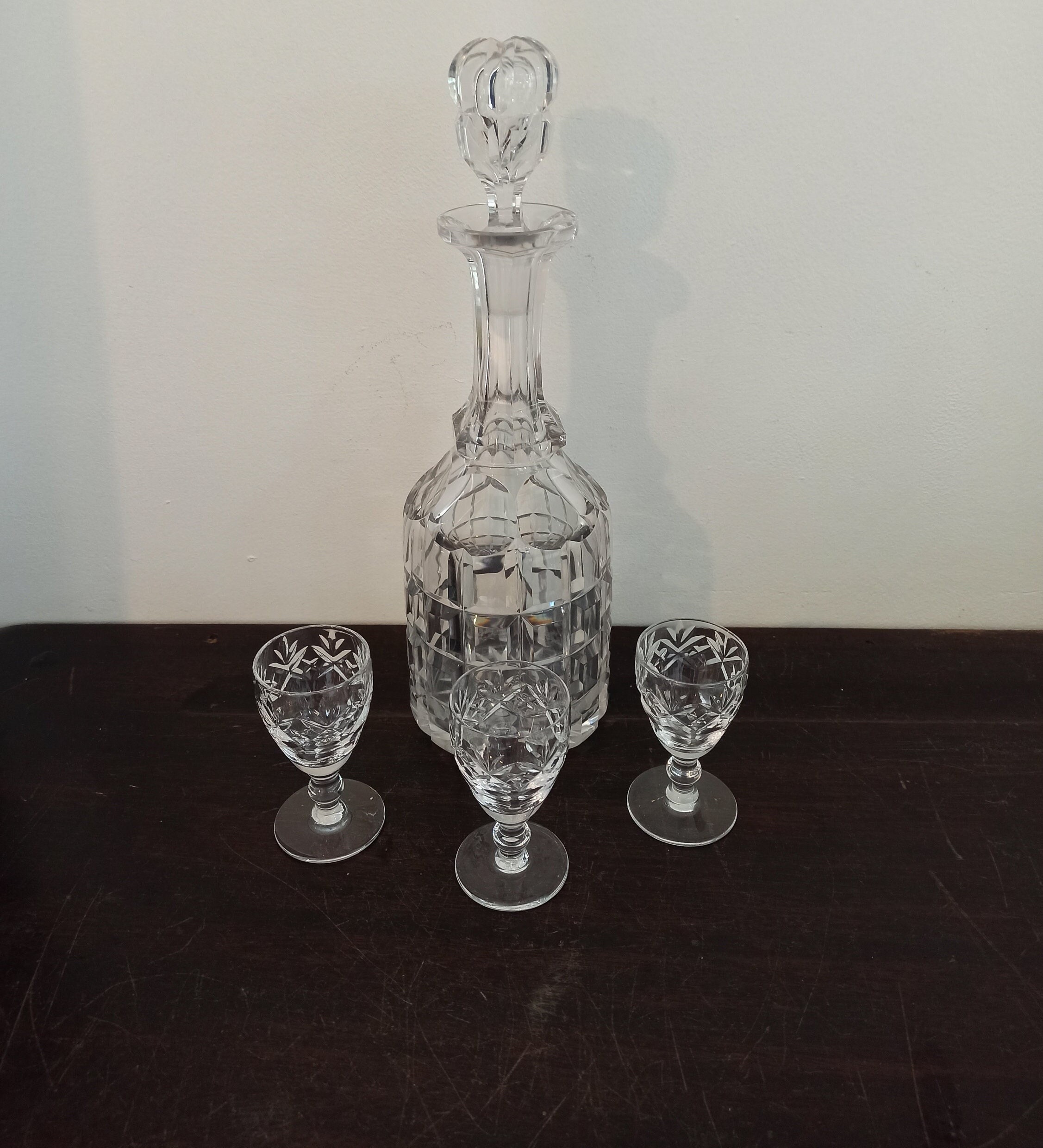 Vintage Glass Decanter And 3 Royal Doulton Lead Crystal Liqueur / Shot Glasses.