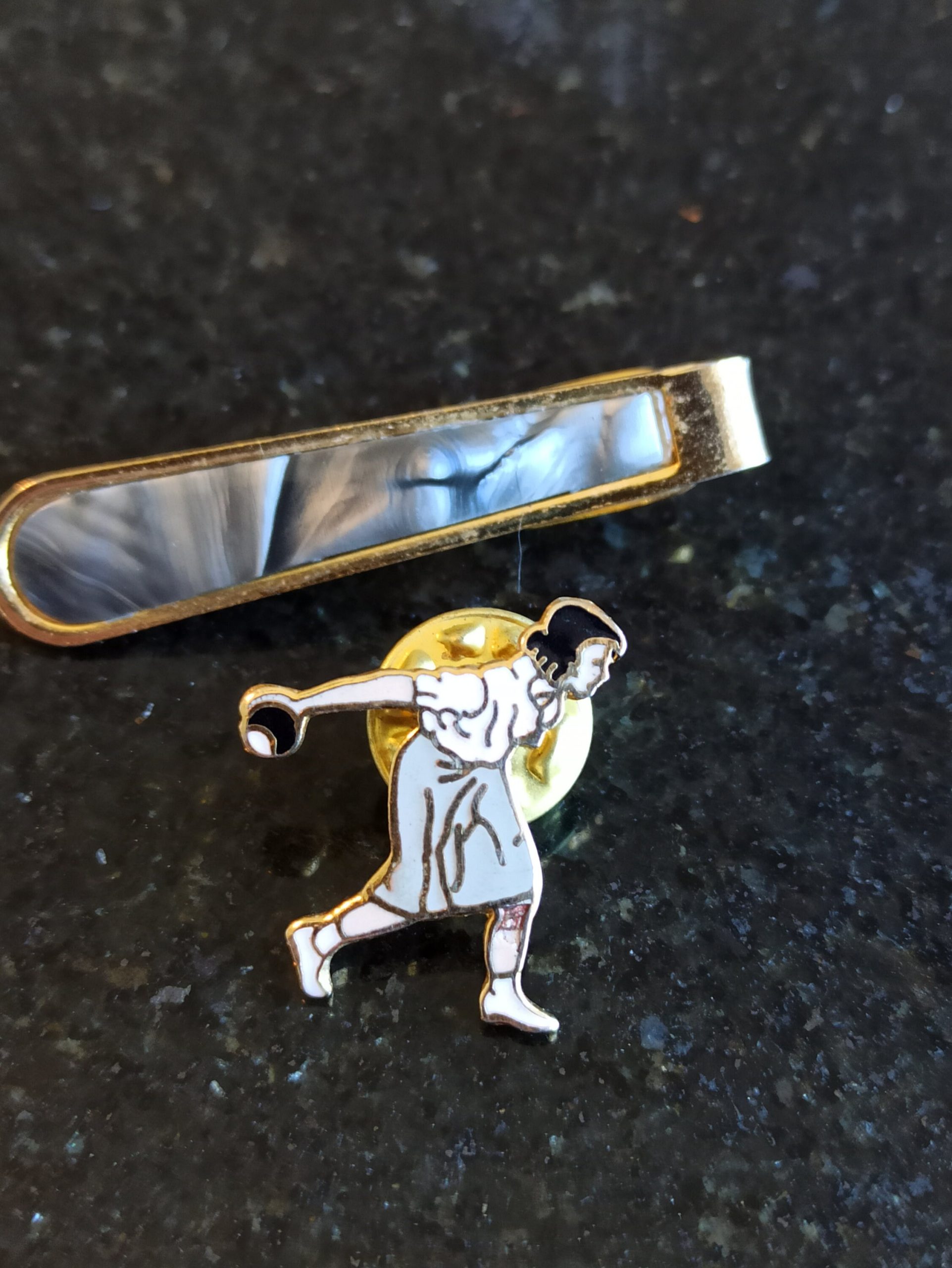 Vintage Tie Clip In The Shape of A Tie And Lapel Pin Woman Bowling. Very Good Condition. - Image 2
