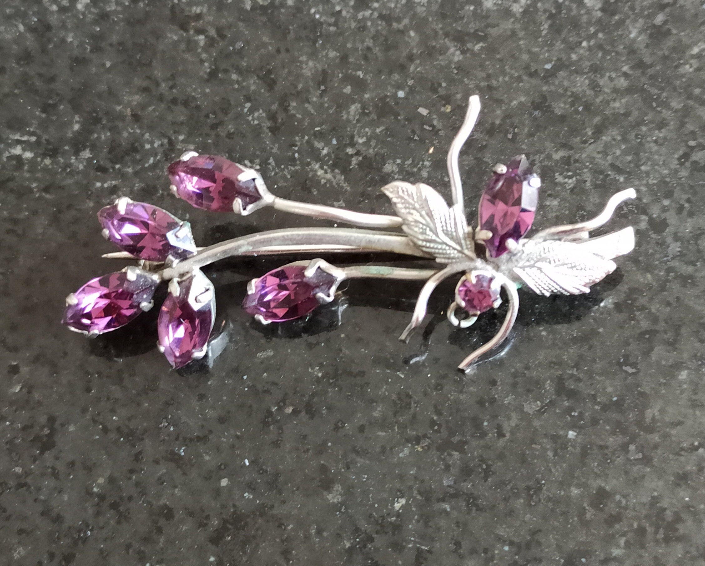 Vintage Purple And Silver Metal Brooch. Very Good Condition.