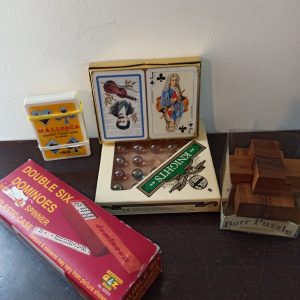 Vintage Compendium Of Games. Dominos, 2 Playing Card Sets Knight Game and Burr Puzzle.
