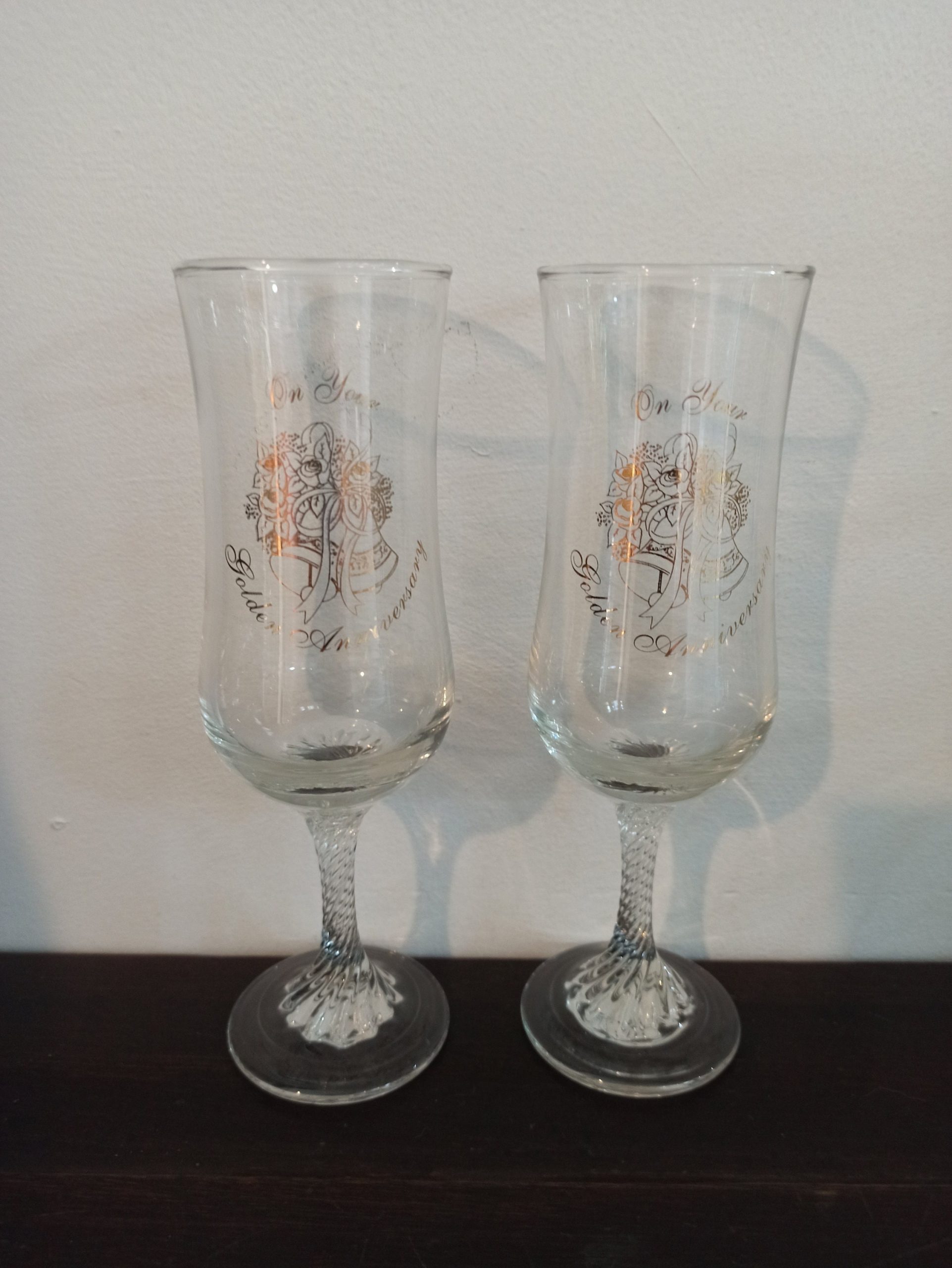Pair of Golden Wedding Aniversary Champagne Flutes. Very Good Condtion.