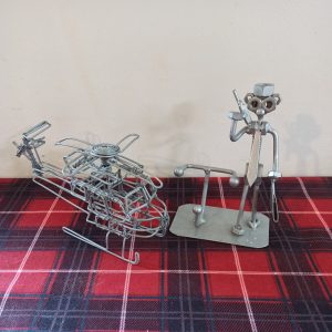 Vintage Wire Work. Man With Hat And Carrying A Briefcase And An Helicopter. Good Overall Condition.
