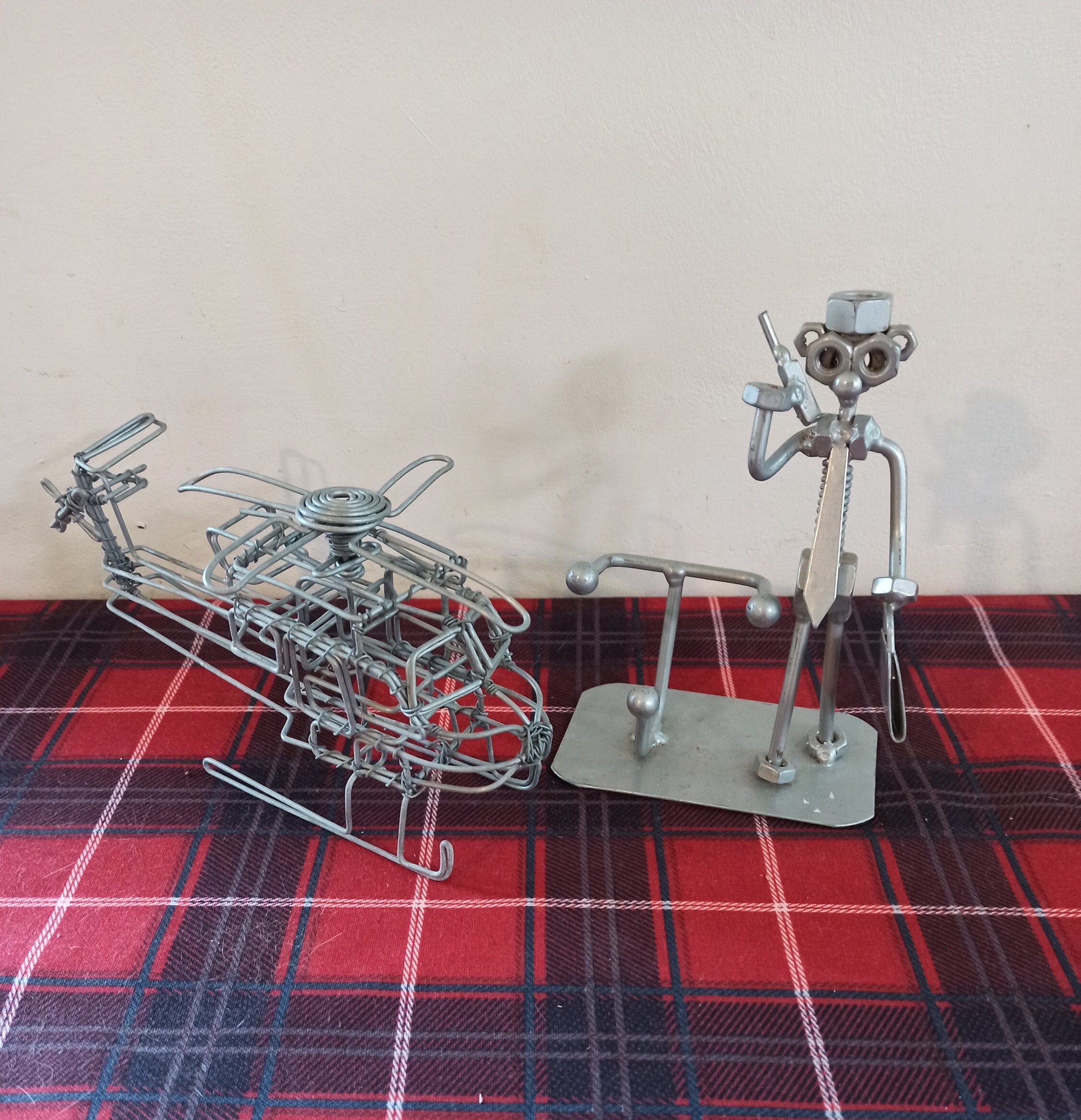 Vintage Wire Work. Man With Hat And Carrying A Briefcase And An Helicopter. Good Overall Condition.