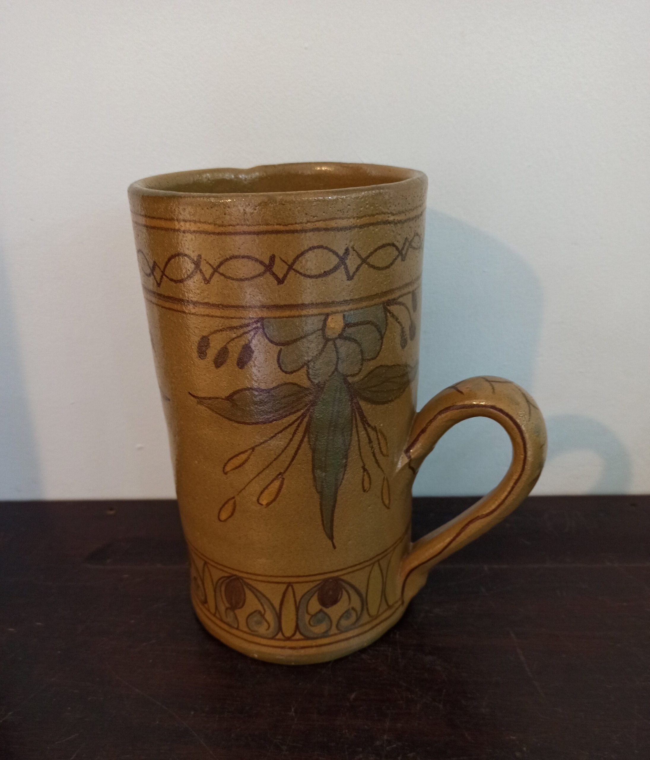 Vintage Pottery Tankard. Very Tall. Heavy. Decorative. Very Good Condition.