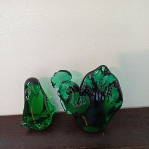 Vintage Green Glass Paperweights. Chicken And Penguin. Excellent condition.
