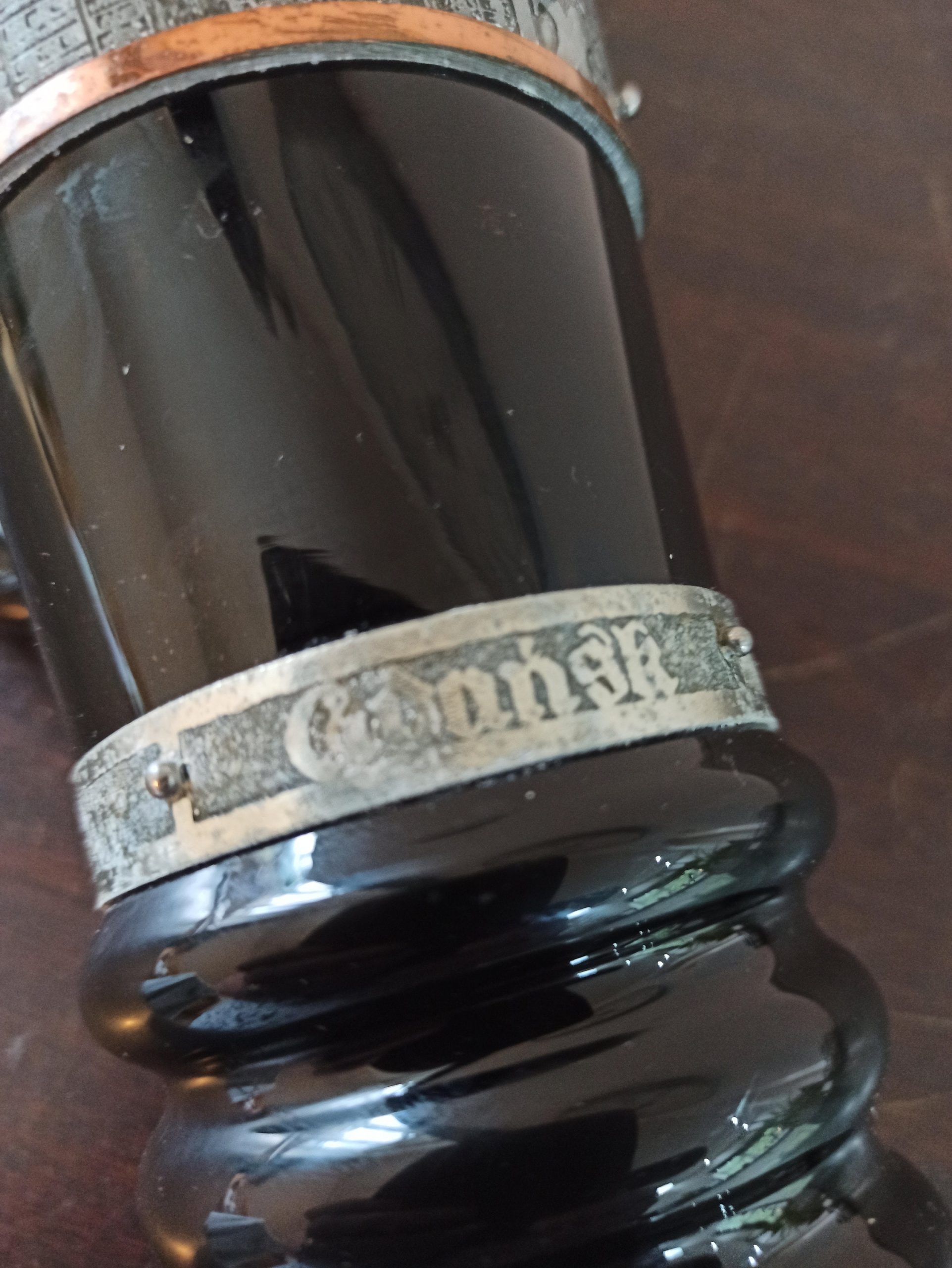 Vintage Decorative Glass Pitcher. Black. Decorative Copper And Metal Banding. Polished Pontil Mark. Gdansk, Polish. - Image 8