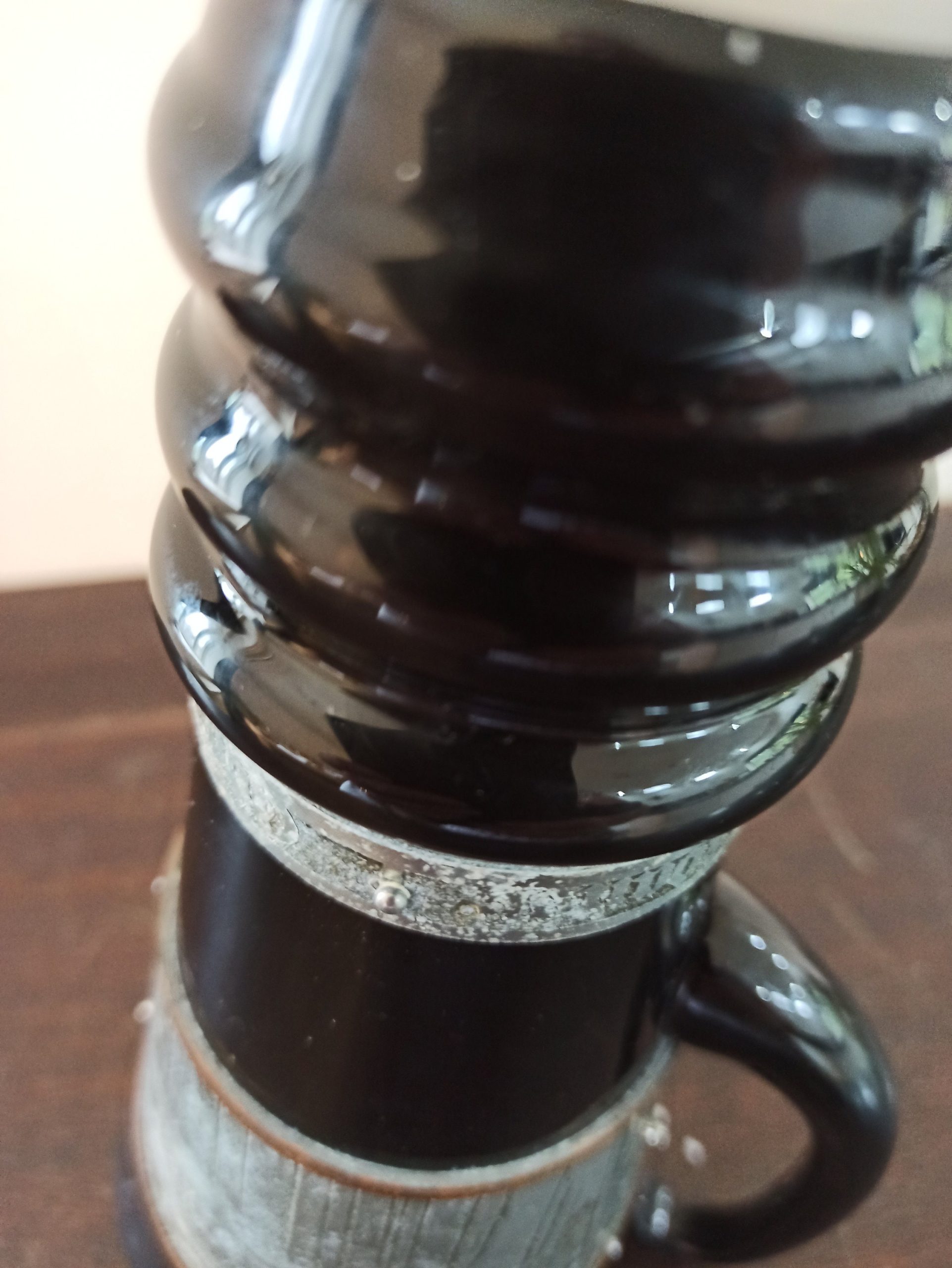 Vintage Decorative Glass Pitcher. Black. Decorative Copper And Metal Banding. Polished Pontil Mark. Gdansk, Polish. - Image 7