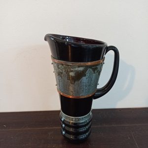 Vintage Decorative Glass Pitcher. Black. Decorative Copper And Metal Banding. Polished Pontil Mark. Gdansk, Polish.