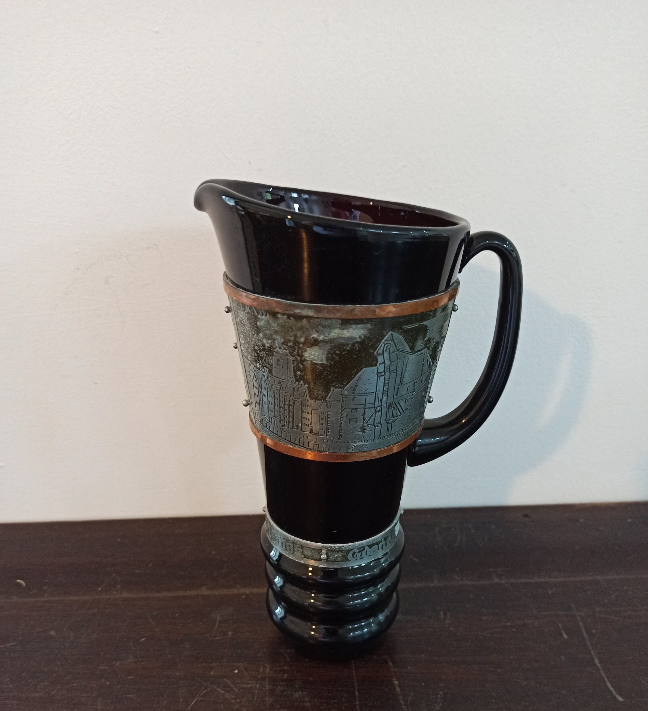 Vintage Decorative Glass Pitcher. Black. Decorative Copper And Metal Banding. Polished Pontil Mark. Gdansk, Polish.