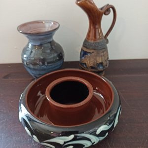 Vintage Set of 3 Ornamental Pottery Items. Jug, Flate Vase And Small Vase.