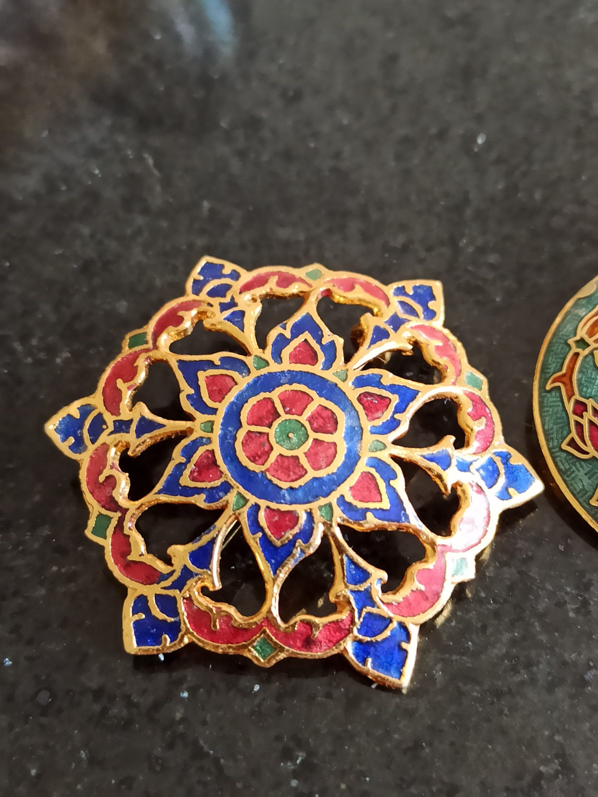 Vintage Brooches. Metal and Cloisonne Style. Costume Jewellery. Good Condition. - Image 2