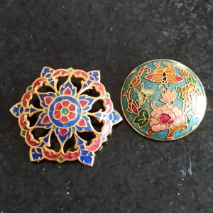 Vintage Brooches. Metal and Cloisonne Style. Costume Jewellery. Good Condition.