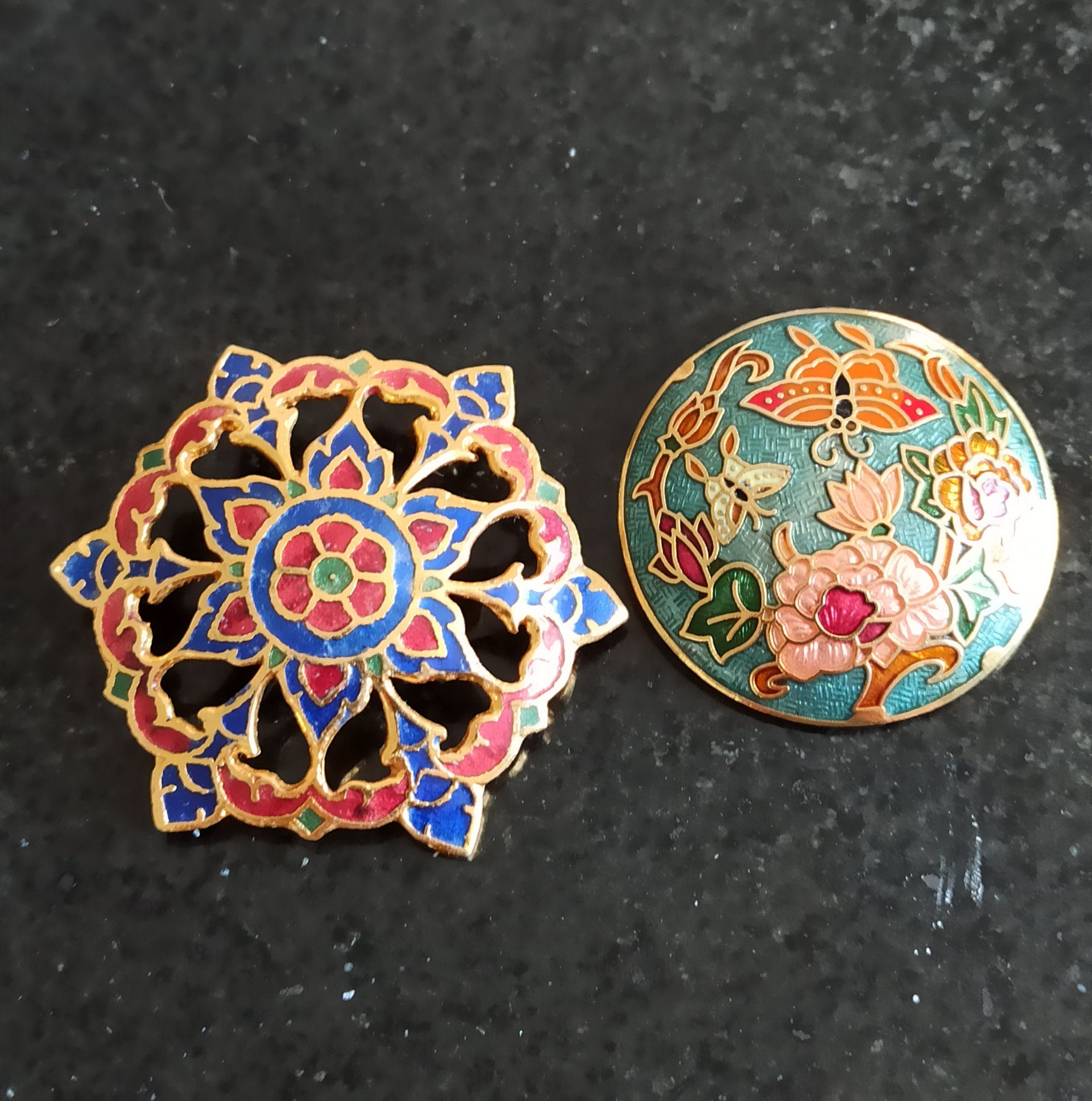 Vintage Brooches. Metal and Cloisonne Style. Costume Jewellery. Good Condition.