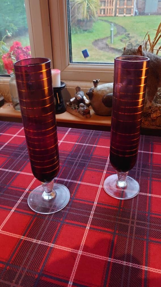 Two Red and Gold banded Glass Champagne Flutes - Image 2