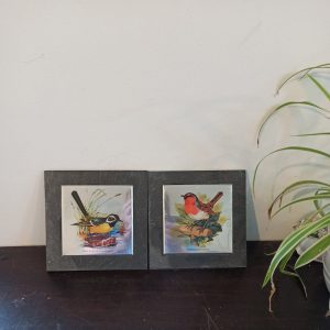 Pair of Slate Mounted Bird Wall Pictures. Robin And Grey Wagtail.