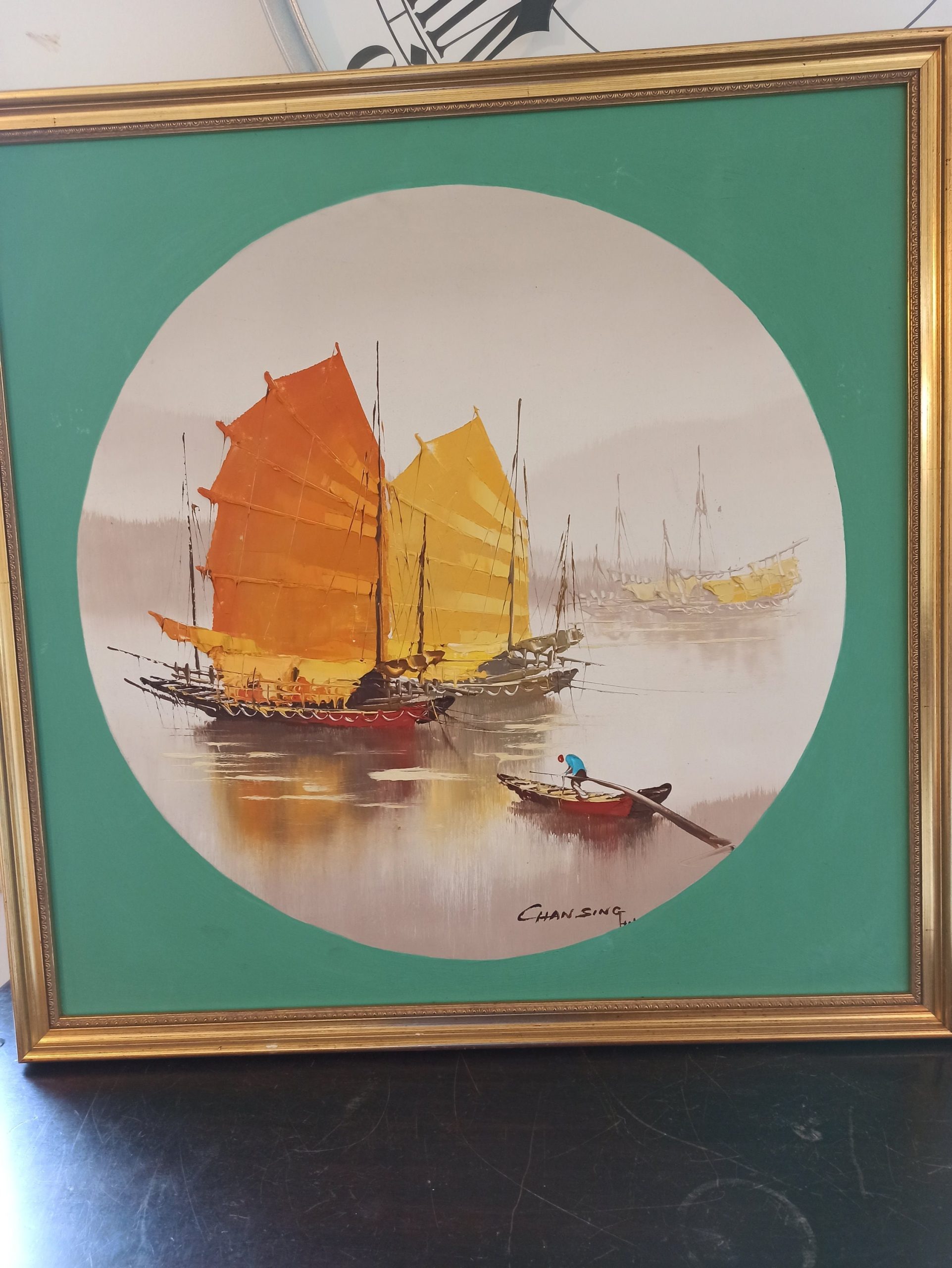 Vintage Chinese Junk Boat on Lake - Framed Wall Picture. Chansing. On Paper With Board Back.