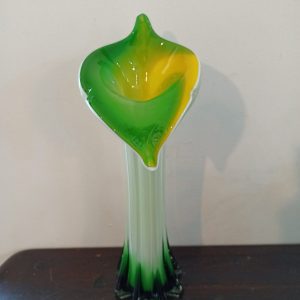 Vintage Lily Vase. Murano Style. Excellent Condition. Green, Yellow and White.