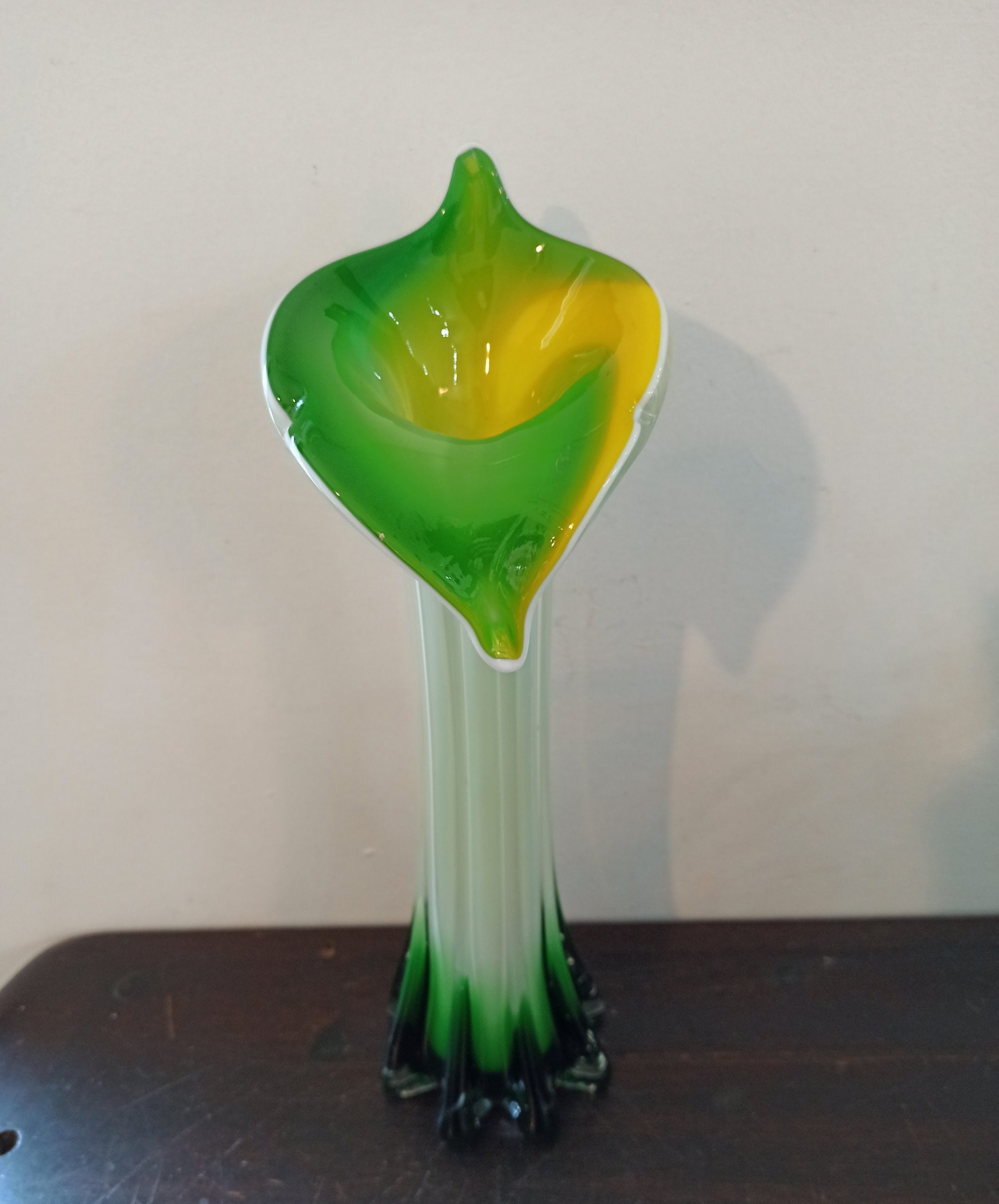 Vintage Lily Vase. Murano Style. Excellent Condition. Green, Yellow and White.