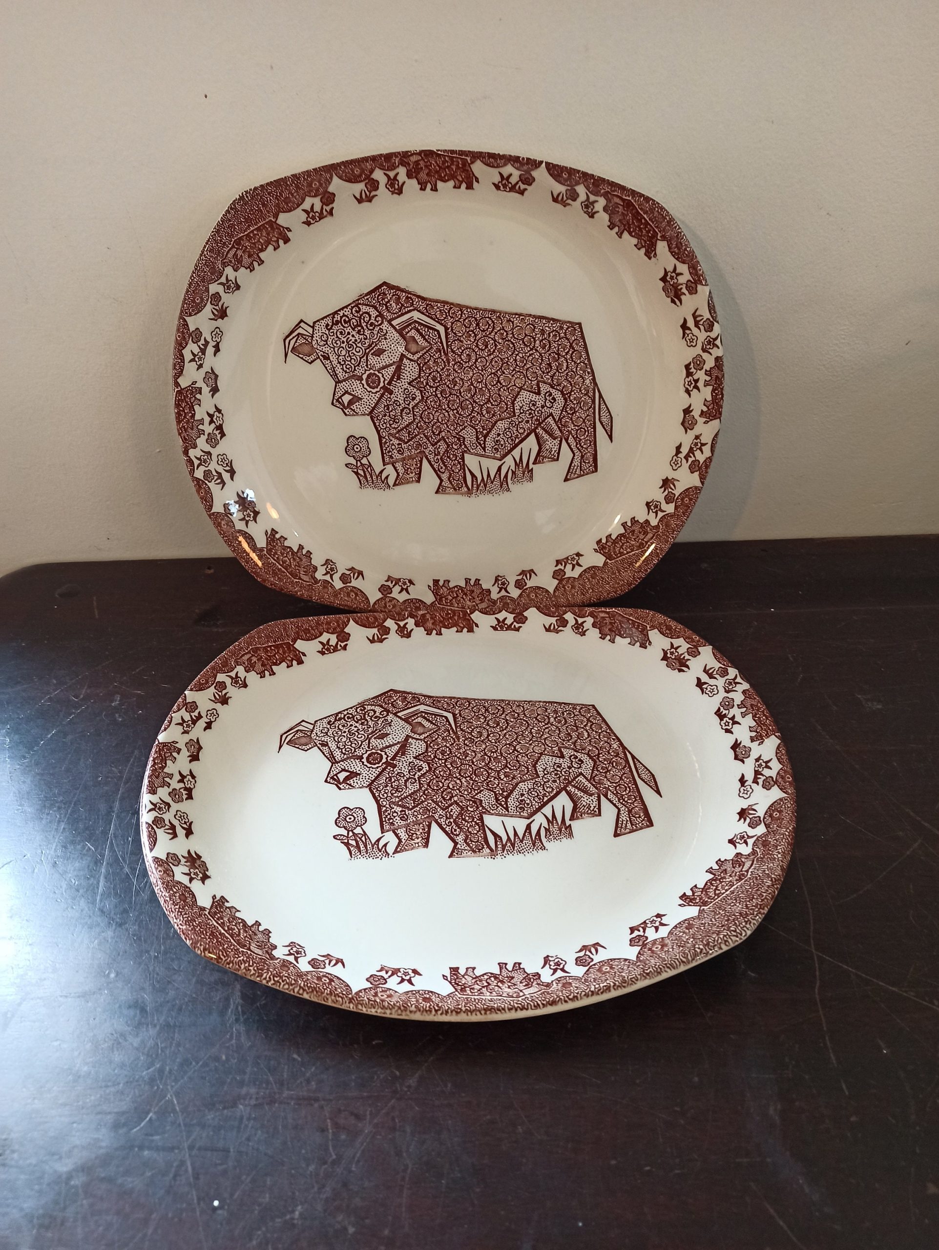 A Pair of Decorative Meat Plates. Bull. Ironstone.