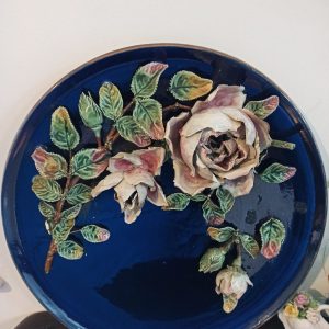 Antique Majolica Large Wall Plate. Roses and Cobalt Blue. High Relief. 19th Century.