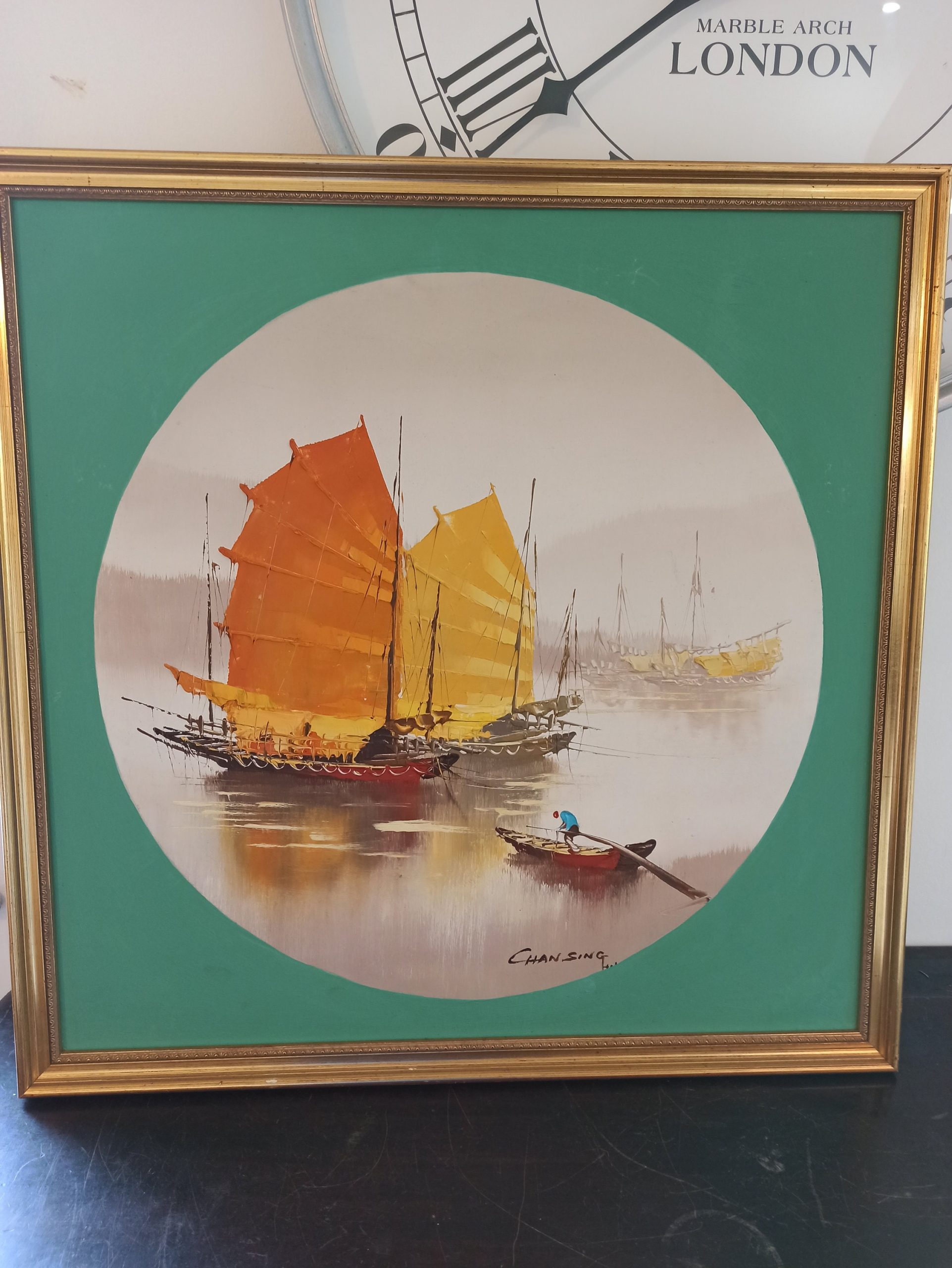 Vintage Chinese Junk Boat on Lake - Framed Wall Picture. Chansing. On Paper With Board Back. - Image 8