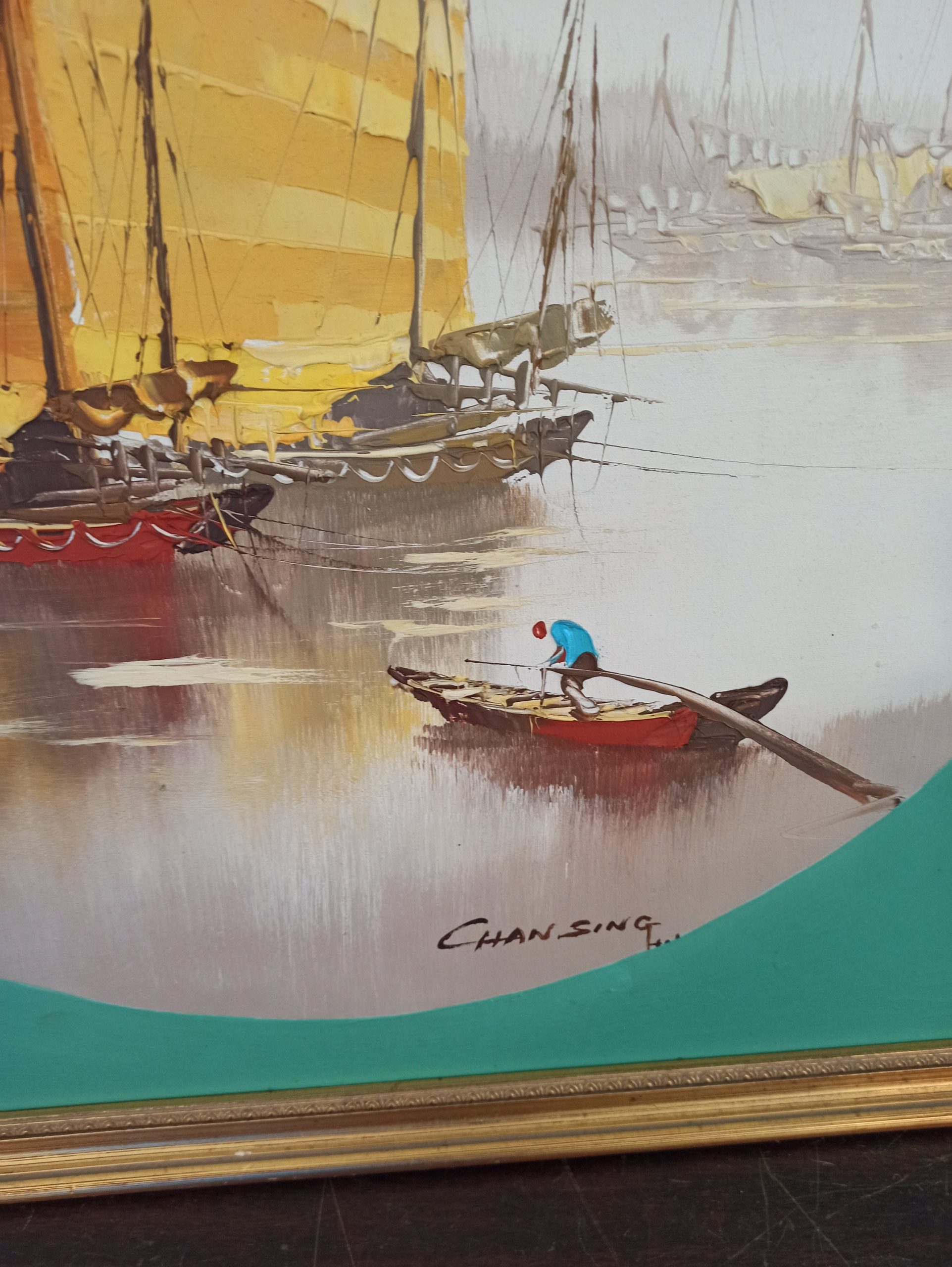 Vintage Chinese Junk Boat on Lake - Framed Wall Picture. Chansing. On Paper With Board Back. - Image 2