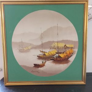 Vintage Chinese Junk Boat on Lake - Framed Wall Picture. Chan Sing. On Paper With Board Back.