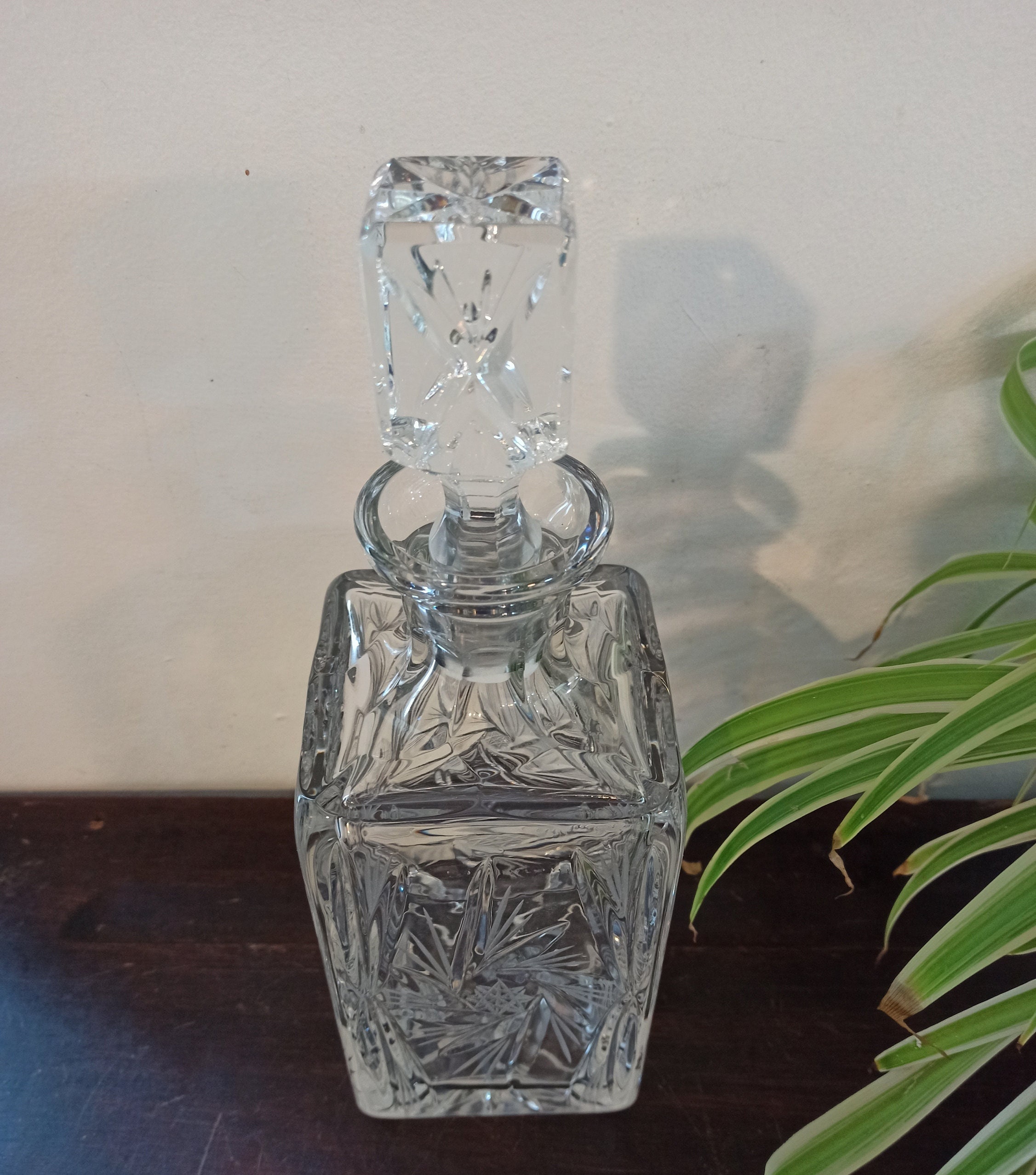 Vintage Square Shoulder Lead Crystal Decanter. Stopper Fits Perfectly. Pin Wheel Design. Very Good Condition.