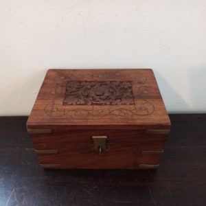 Vintage Carved Wooden Box. Brass Inlay. Internal Divisions.