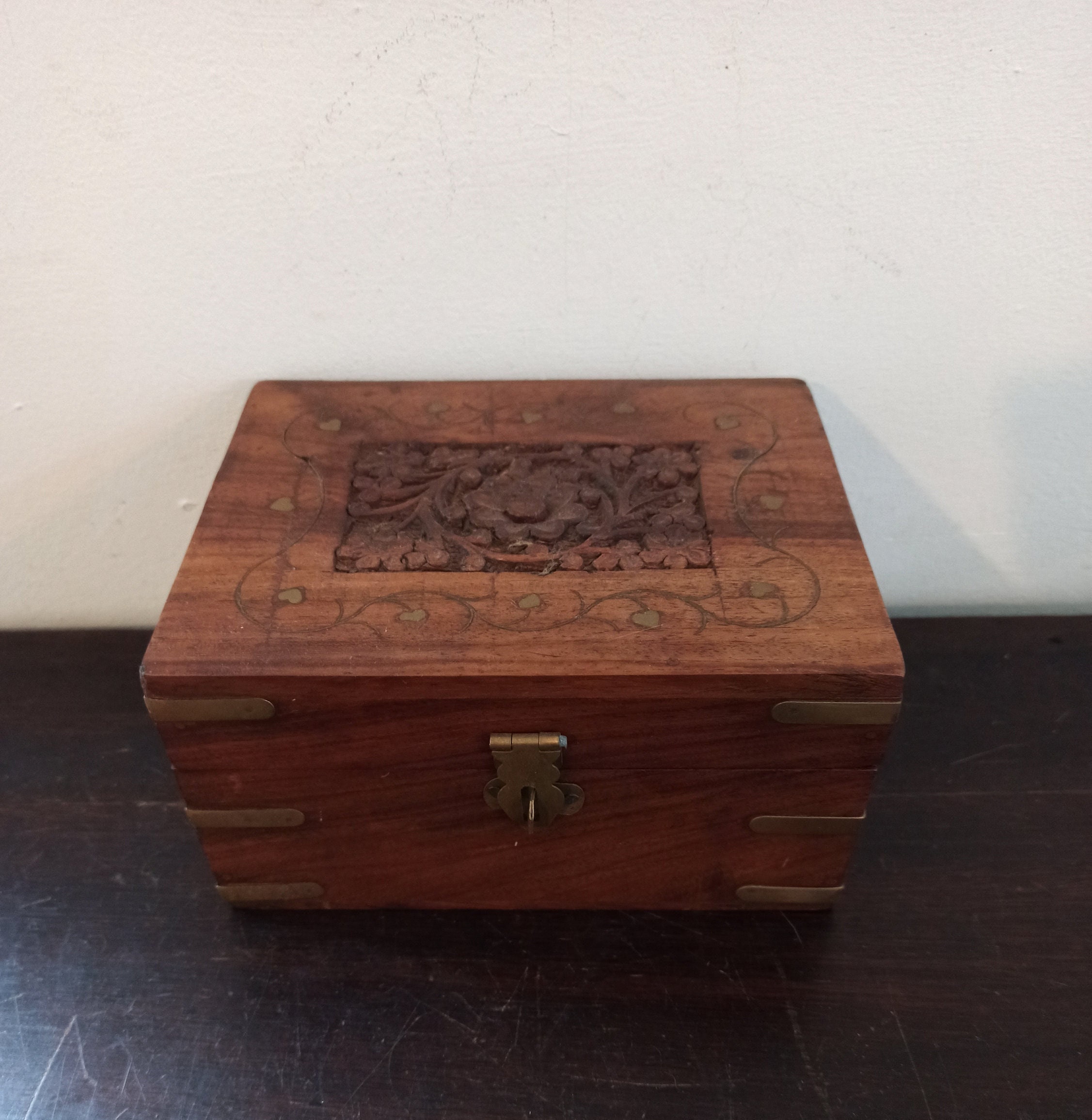 Vintage Carved Wooden Box. Brass Inlay. Internal Divisions.