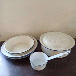 A Collection of Enamelled Tinware. Good For Camping.